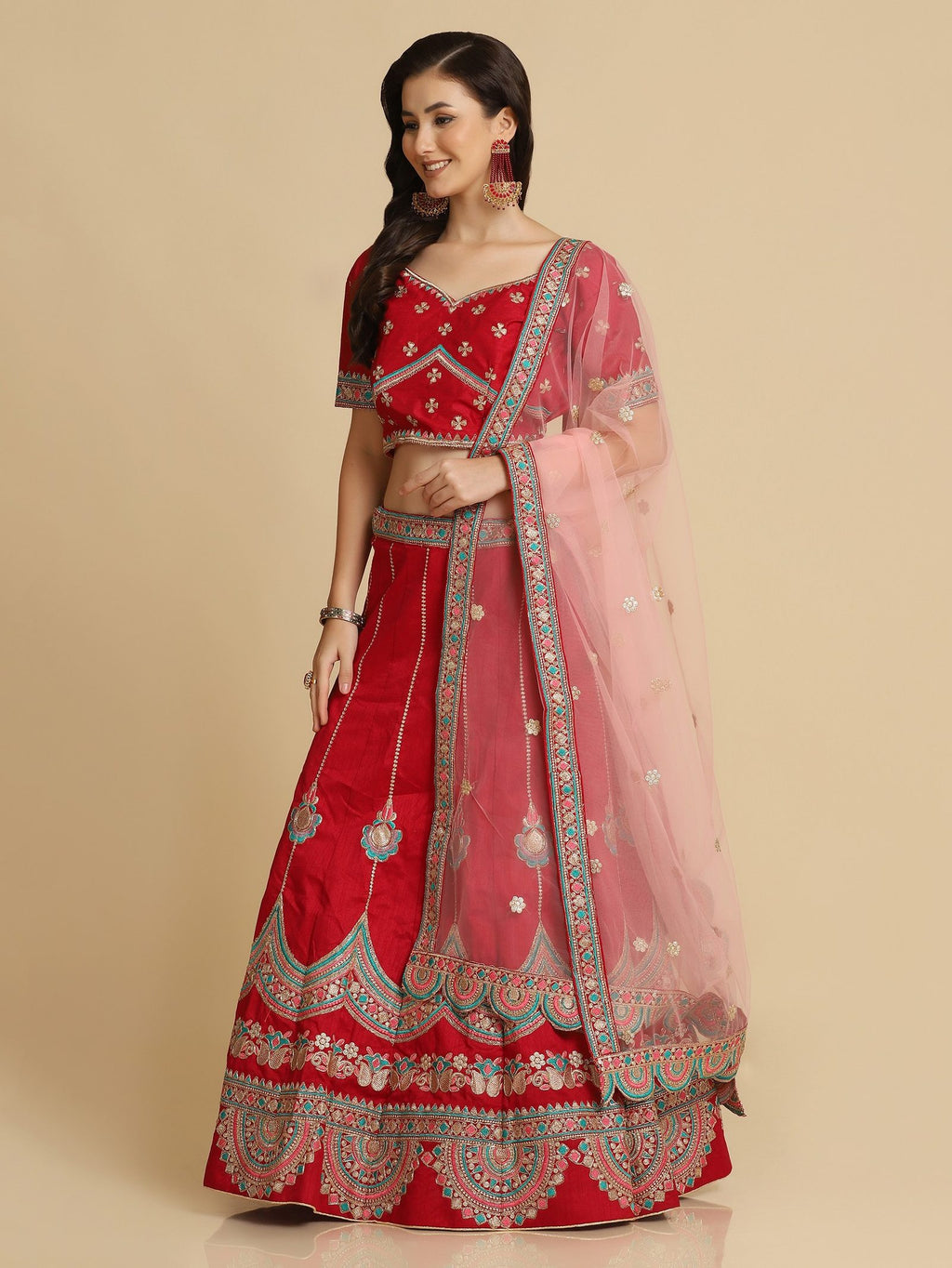 Elegant Coral Red Festive & Wedding Wear Semi-Stitched Silk Blend Lehenga Choli with Embroidery & Thread Work