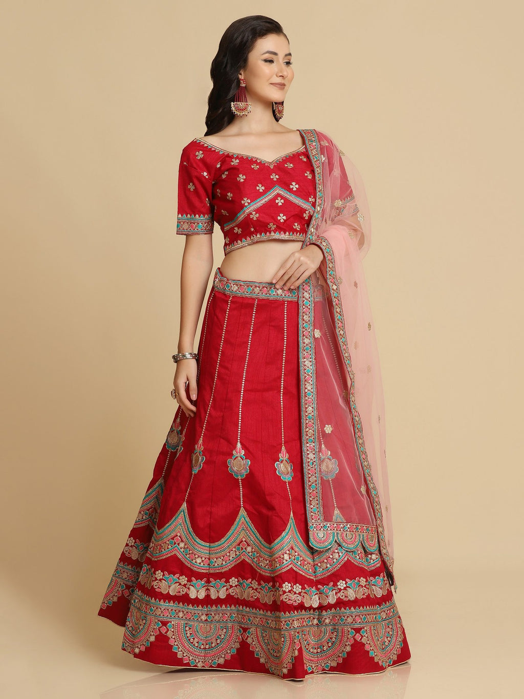 Elegant Coral Red Festive & Wedding Wear Semi-Stitched Silk Blend Lehenga Choli with Embroidery & Thread Work