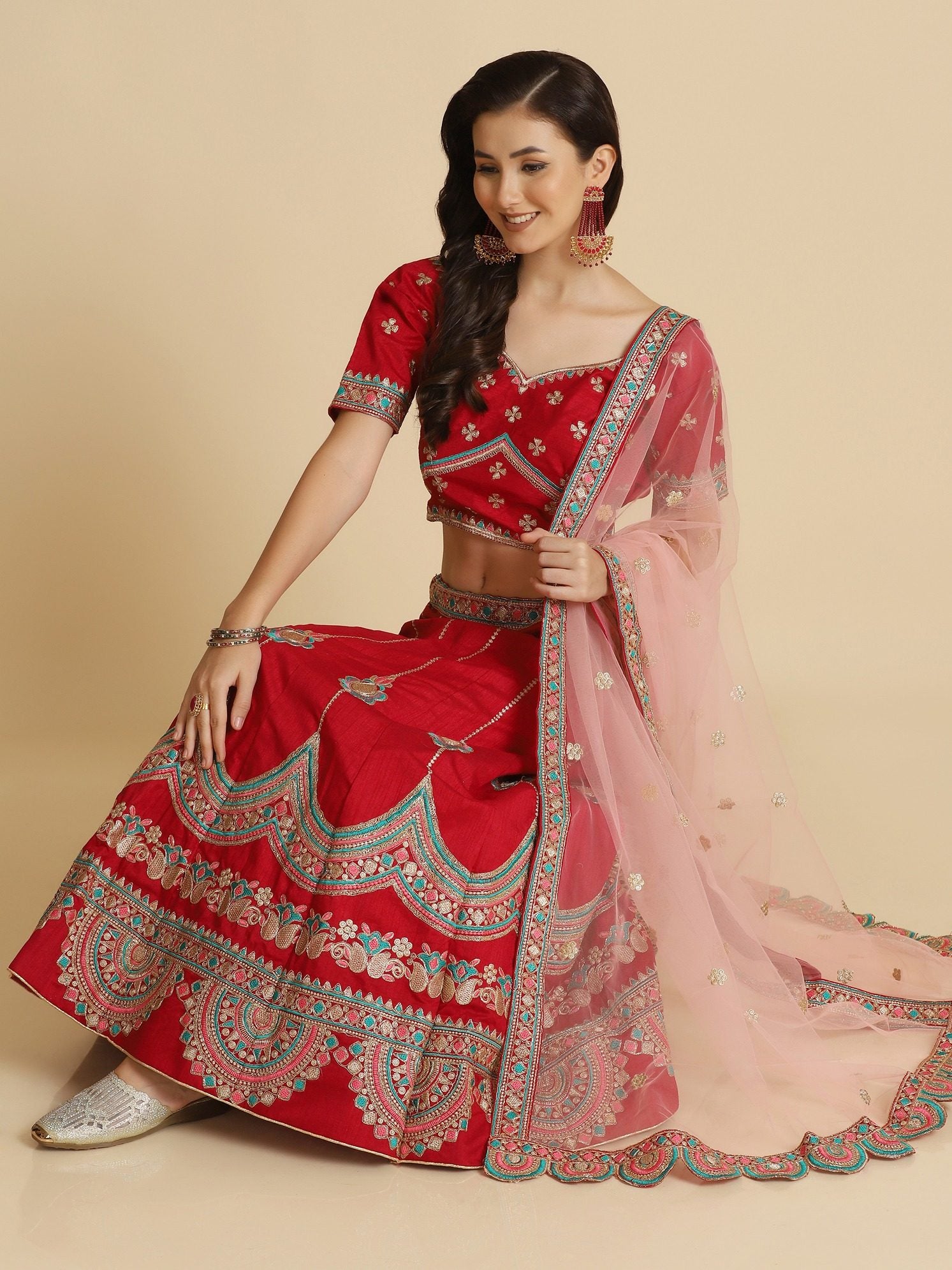 Elegant Coral Red Festive & Wedding Wear Semi-Stitched Silk Blend Lehenga Choli with Embroidery & Thread Work