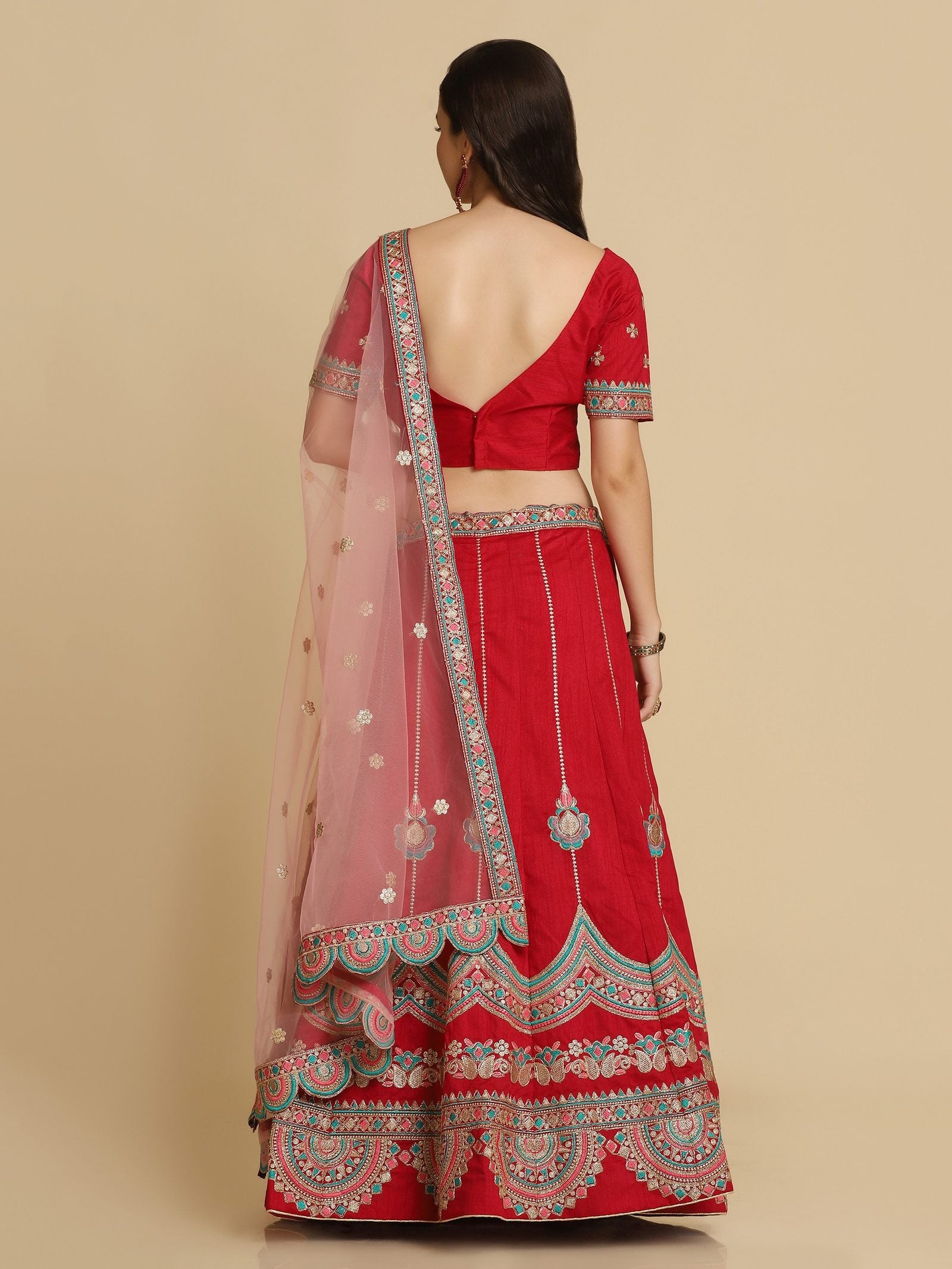 Elegant Coral Red Festive & Wedding Wear Semi-Stitched Silk Blend Lehenga Choli with Embroidery & Thread Work
