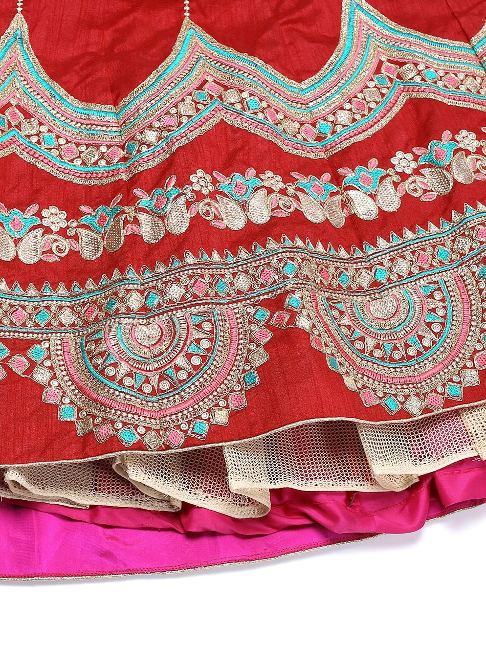 Elegant Coral Red Festive & Wedding Wear Semi-Stitched Silk Blend Lehenga Choli with Embroidery & Thread Work