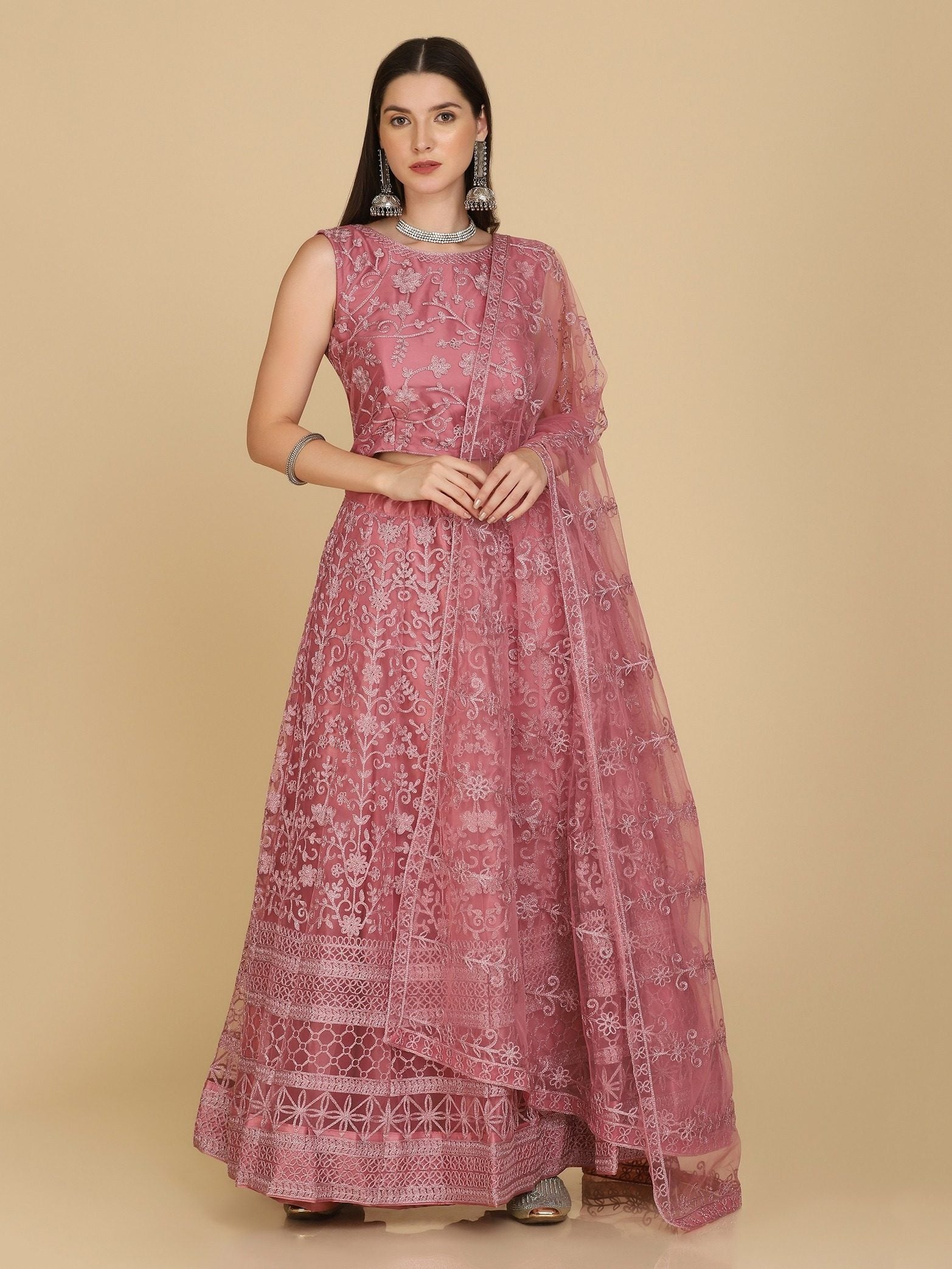 Dusty Rose Taffeta Silk Embroidered Party Wear Semi-Stitched Lehenga Choli with Floral Thread Work