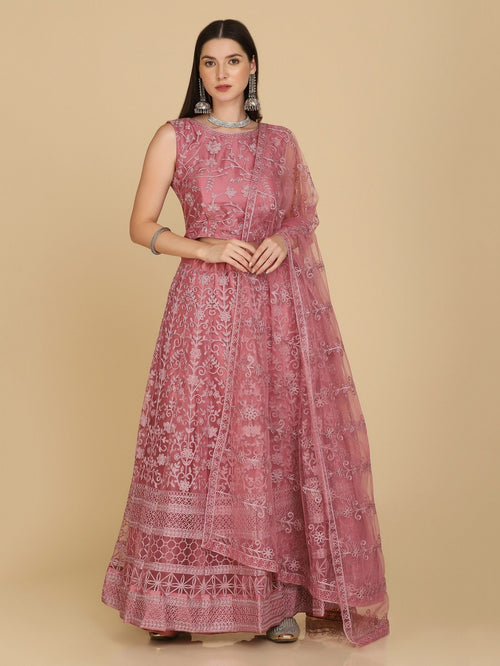 Dusty Rose Taffeta Silk Embroidered Party Wear Semi-Stitched Lehenga Choli with Floral Thread Work