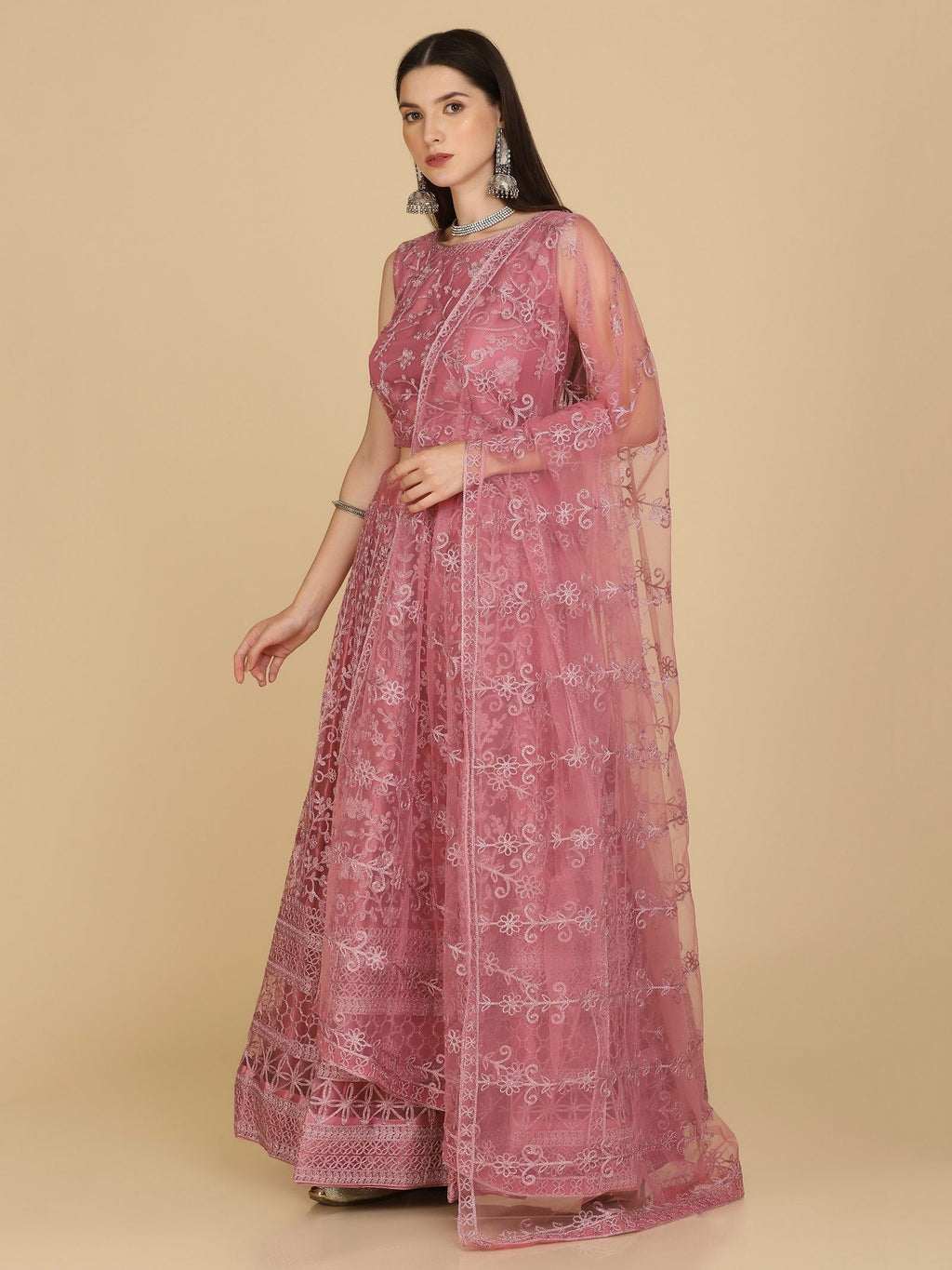 Dusty Rose Taffeta Silk Embroidered Party Wear Semi-Stitched Lehenga Choli with Floral Thread Work