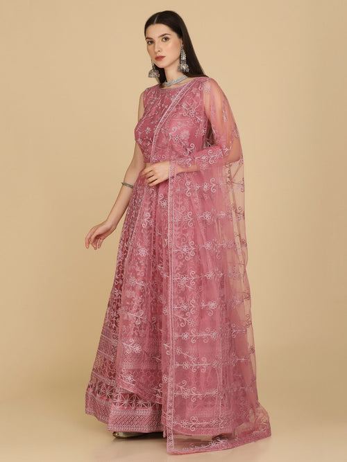 Dusty Rose Taffeta Silk Embroidered Party Wear Semi-Stitched Lehenga Choli with Floral Thread Work