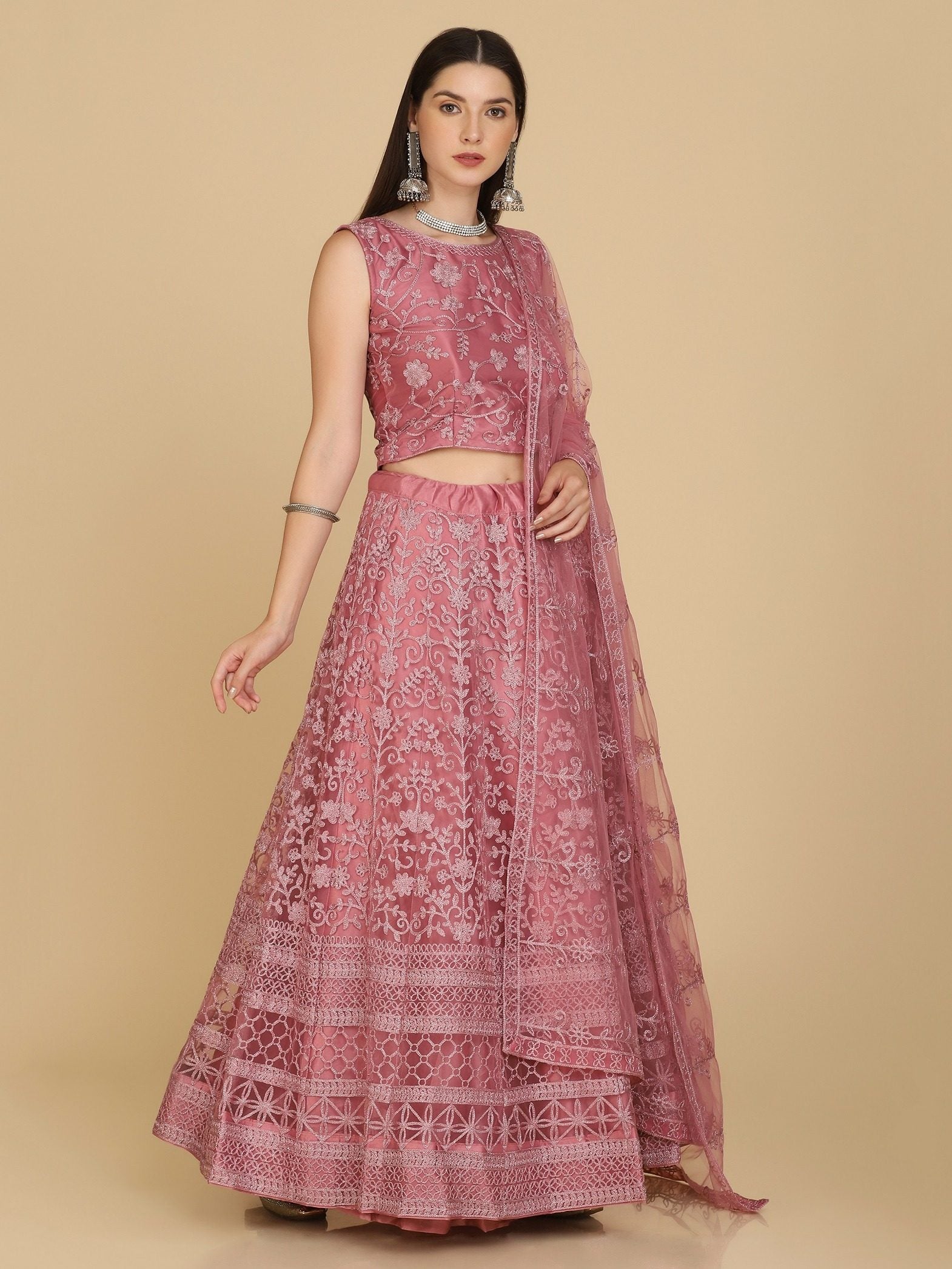 Dusty Rose Taffeta Silk Embroidered Party Wear Semi-Stitched Lehenga Choli with Floral Thread Work
