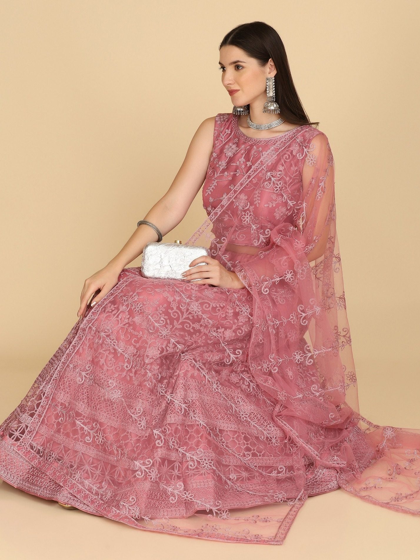 Dusty Rose Taffeta Silk Embroidered Party Wear Semi-Stitched Lehenga Choli with Floral Thread Work