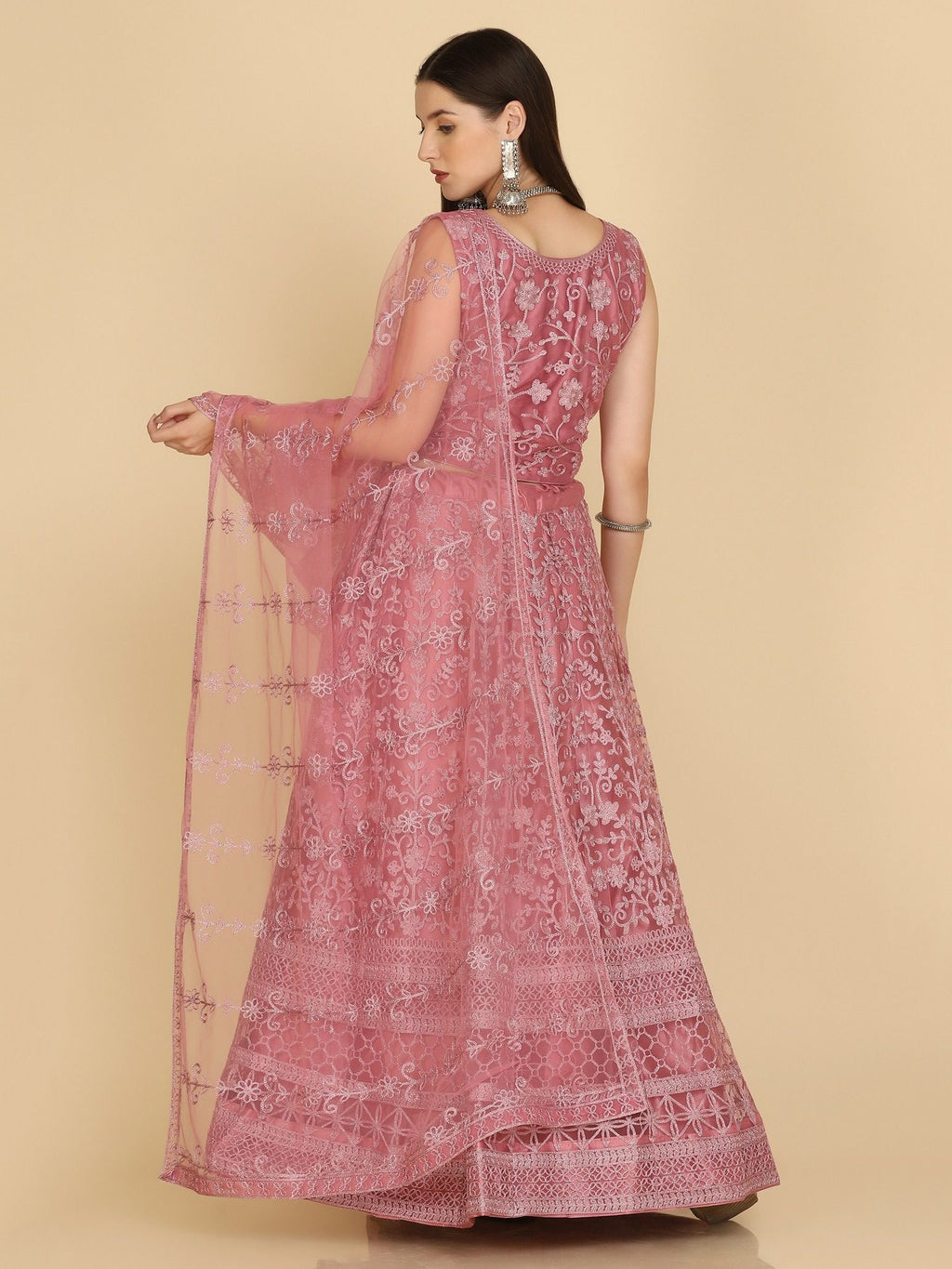 Dusty Rose Taffeta Silk Embroidered Party Wear Semi-Stitched Lehenga Choli with Floral Thread Work