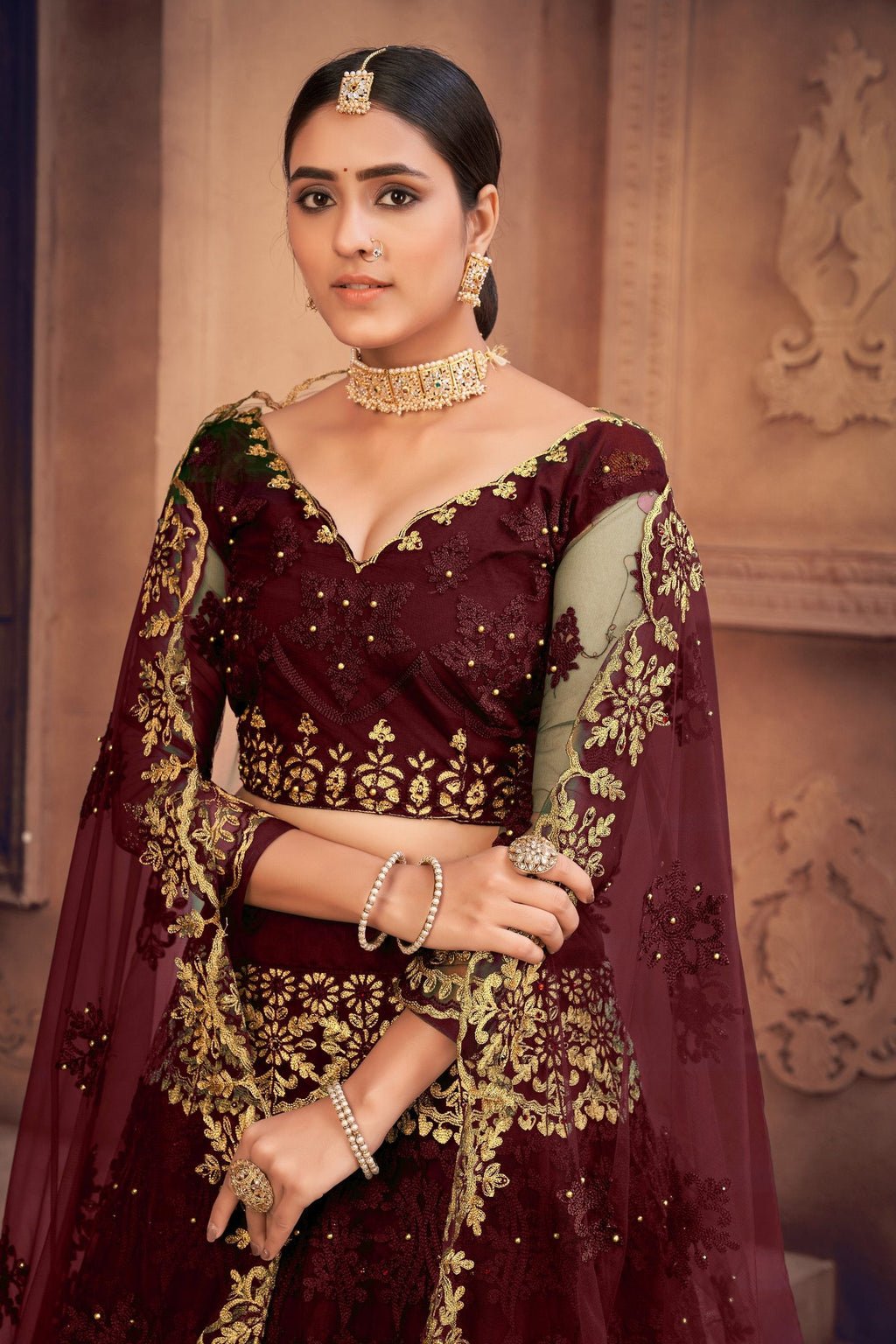 Royal Maroon Embroidered Bridal & Wedding Wear Semi-Stitched Net Lehenga Choli with Dupatta Work