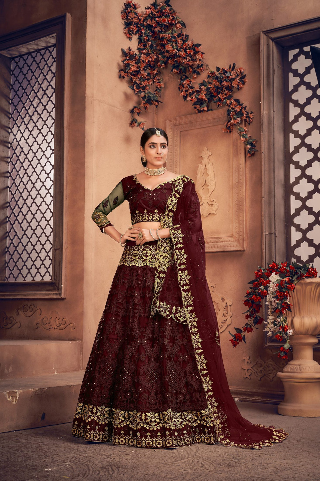 Royal Maroon Embroidered Bridal & Wedding Wear Semi-Stitched Net Lehenga Choli with Dupatta Work