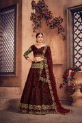 Royal Maroon Embroidered Bridal & Wedding Wear Semi-Stitched Net Lehenga Choli with Dupatta Work