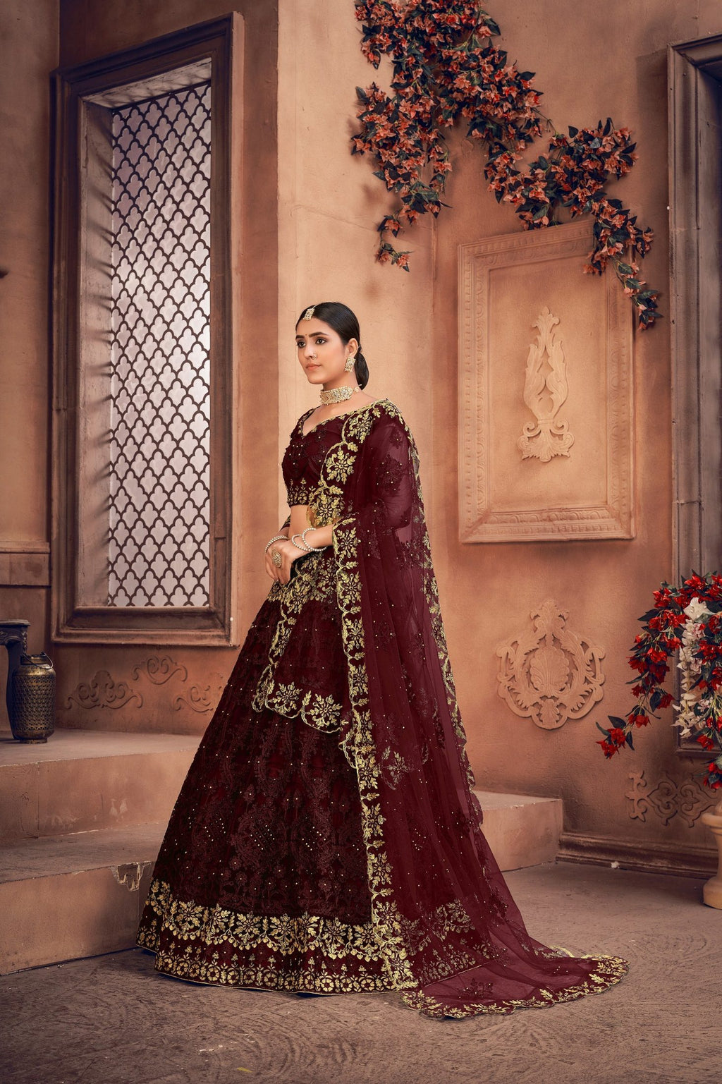 Royal Maroon Embroidered Bridal & Wedding Wear Semi-Stitched Net Lehenga Choli with Dupatta Work