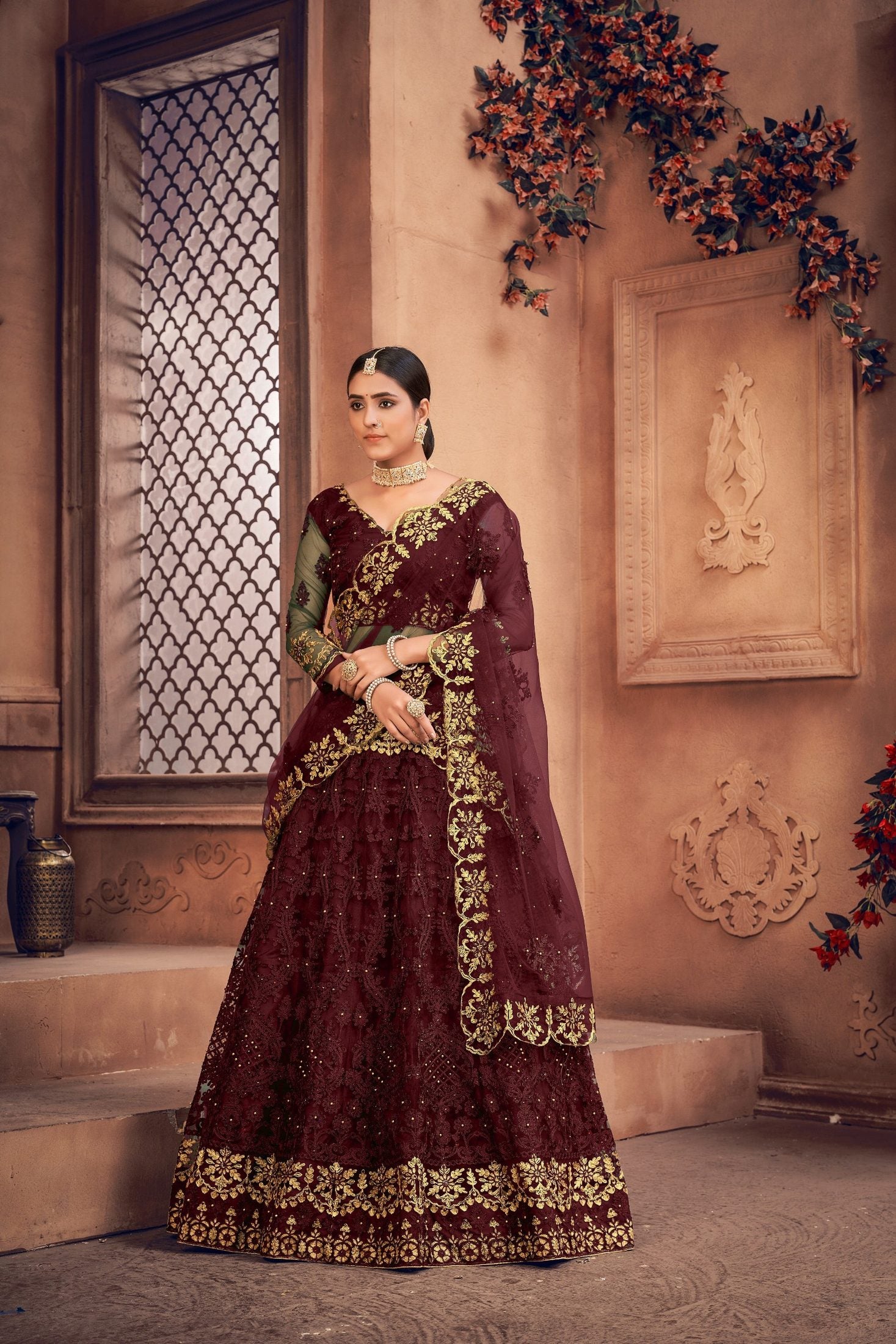 Royal Maroon Embroidered Bridal & Wedding Wear Semi-Stitched Net Lehenga Choli with Dupatta Work