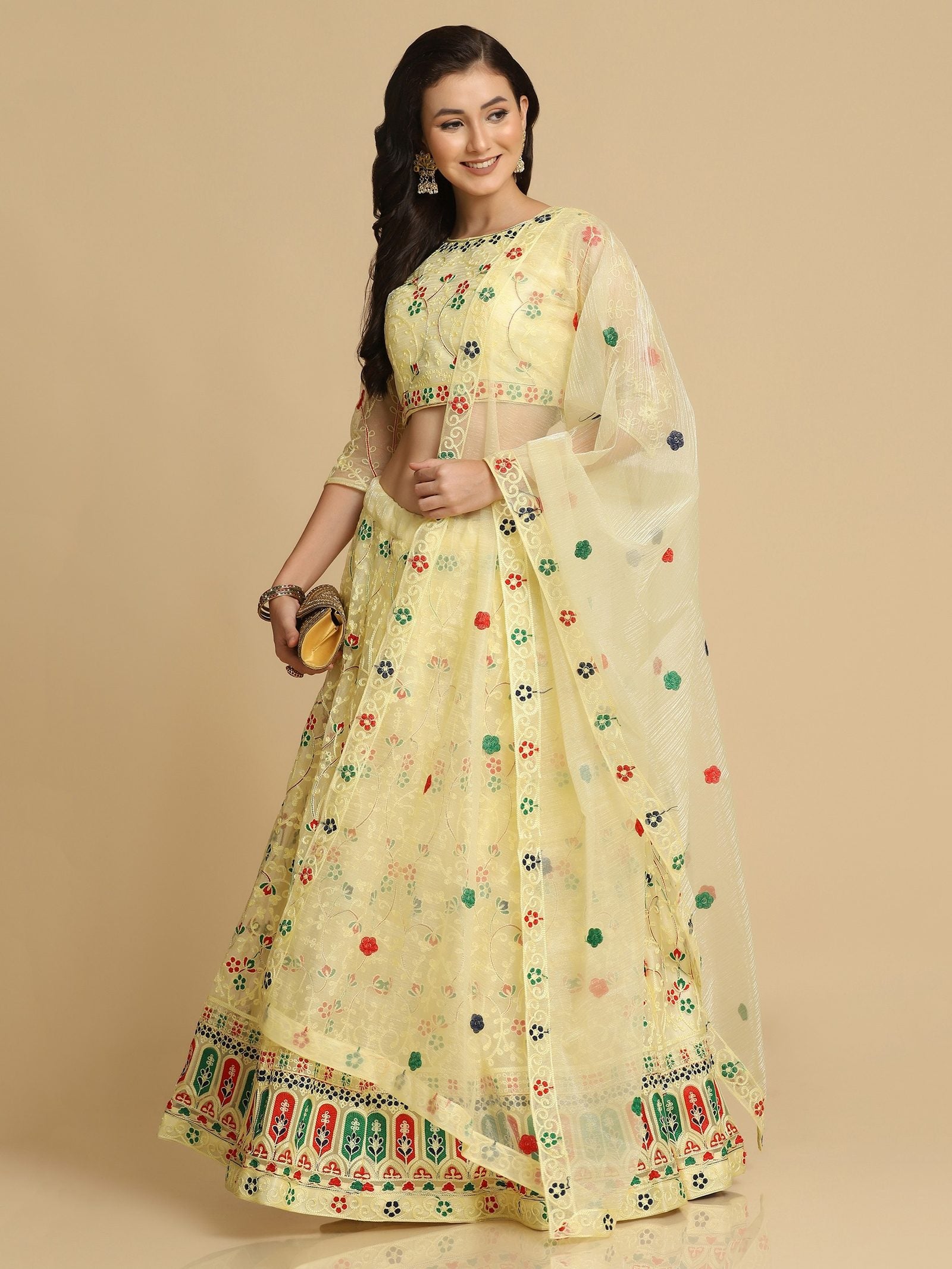 Elegant Pastel Yellow Festive & Wedding Wear Semi-Stitched Net Lehenga Choli with Multicolor Thread Embroidery Work