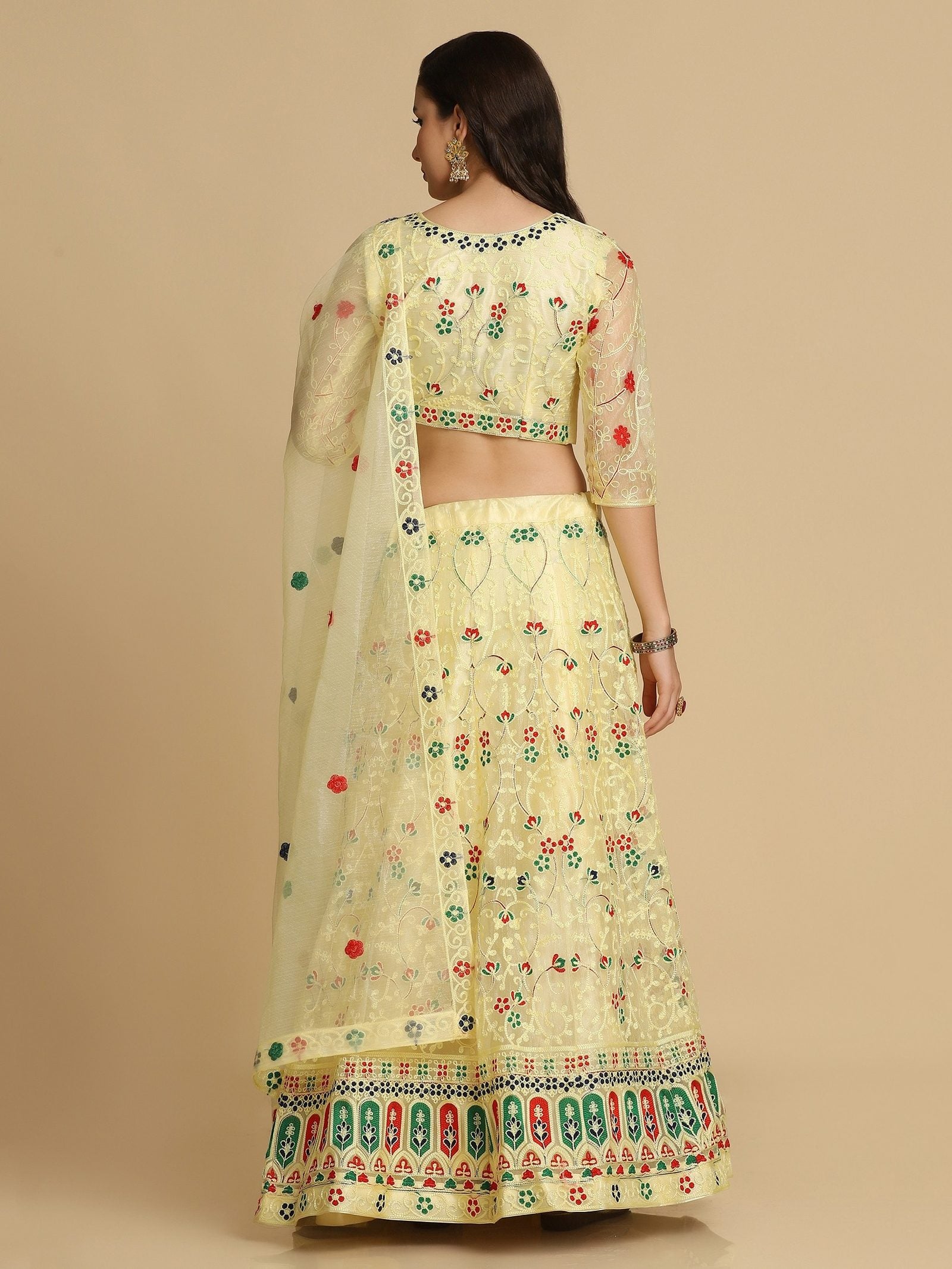 Elegant Pastel Yellow Festive & Wedding Wear Semi-Stitched Net Lehenga Choli with Multicolor Thread Embroidery Work