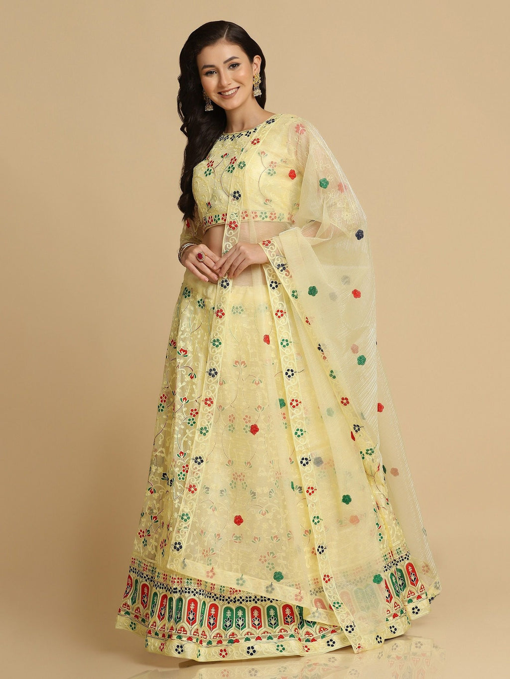 Elegant Pastel Yellow Festive & Wedding Wear Semi-Stitched Net Lehenga Choli with Multicolor Thread Embroidery Work