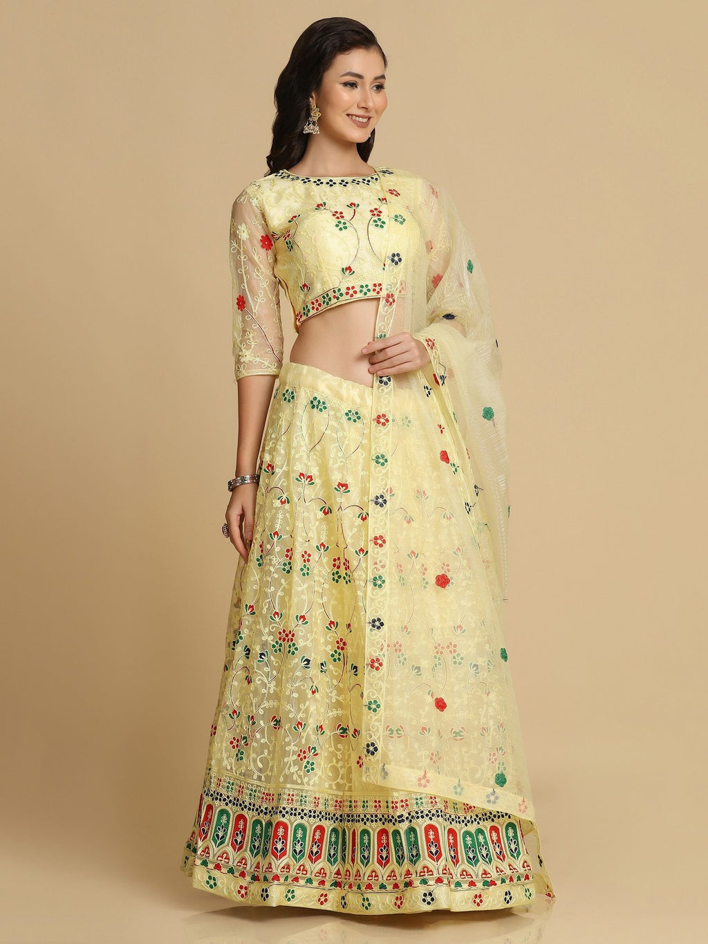 Elegant Pastel Yellow Festive & Wedding Wear Semi-Stitched Net Lehenga Choli with Multicolor Thread Embroidery Work