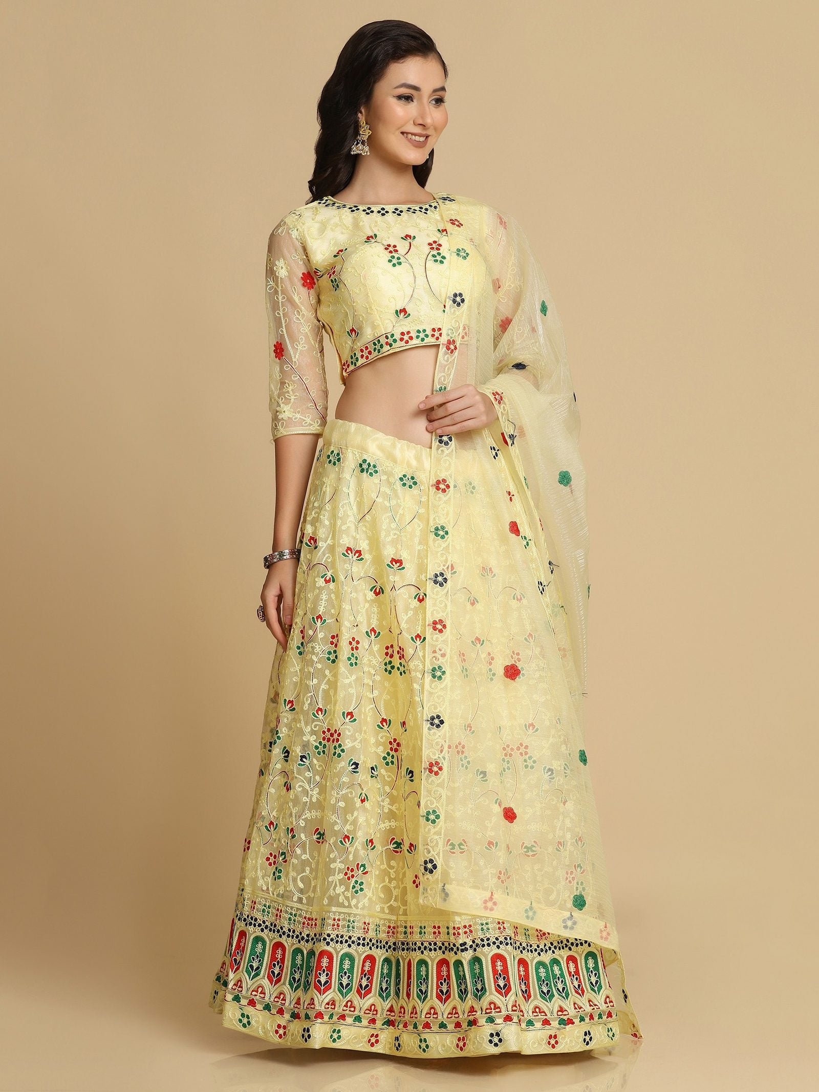 Elegant Pastel Yellow Festive & Wedding Wear Semi-Stitched Net Lehenga Choli with Multicolor Thread Embroidery Work