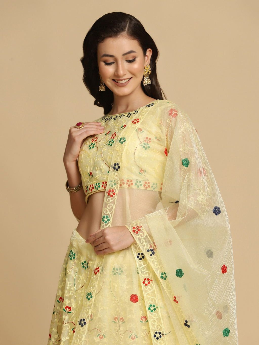 Elegant Pastel Yellow Festive & Wedding Wear Semi-Stitched Net Lehenga Choli with Multicolor Thread Embroidery Work