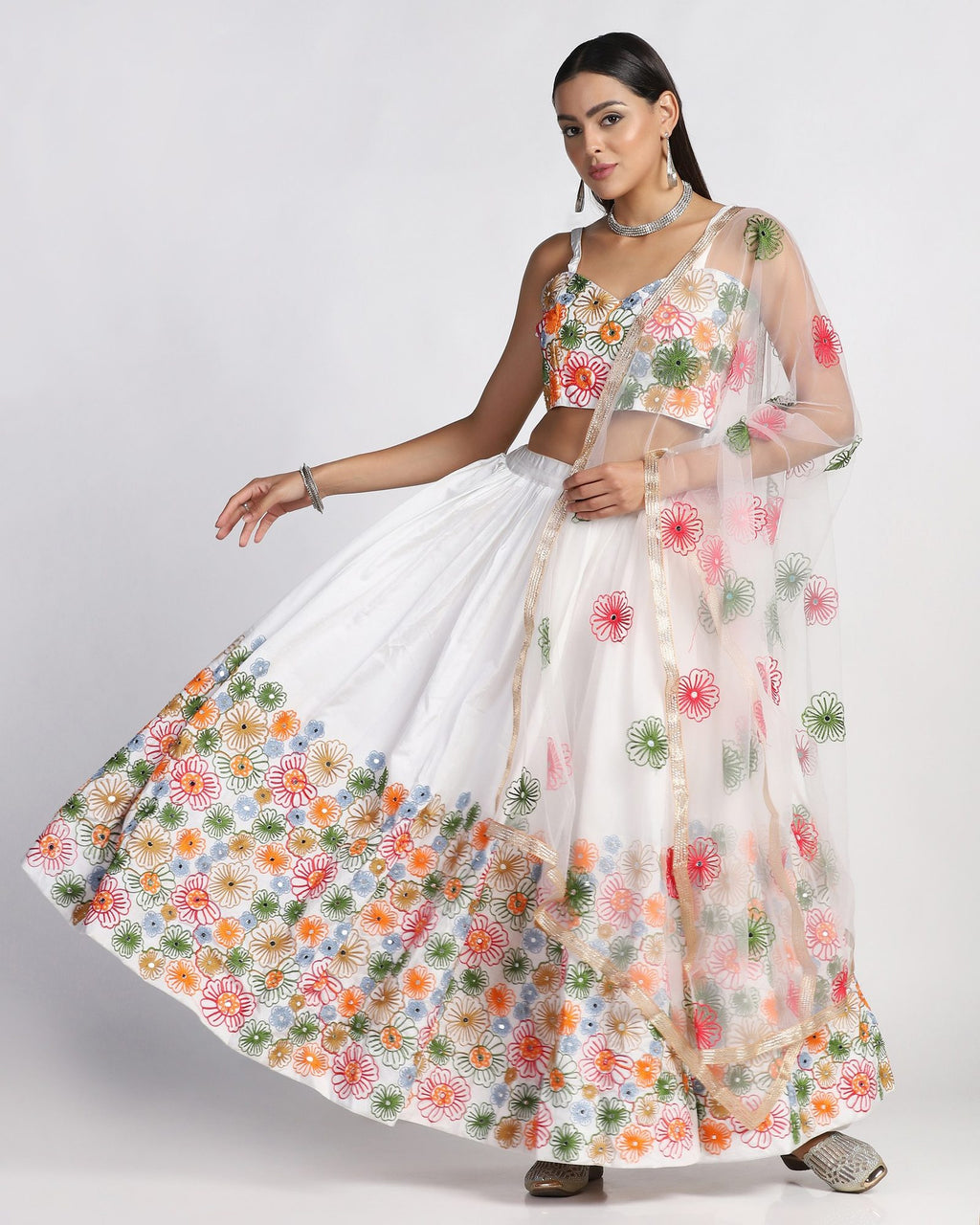 Off-White Festive & Wedding Wear Semi-Stitched Taffeta Silk Lehenga Choli with Multicolor Floral Thread Embroidery