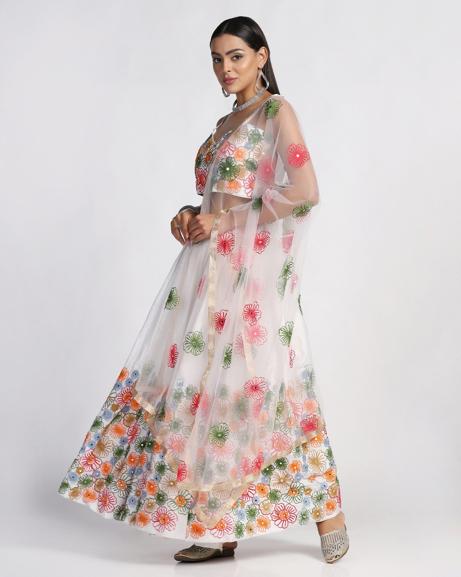 Off-White Festive & Wedding Wear Semi-Stitched Taffeta Silk Lehenga Choli with Multicolor Floral Thread Embroidery