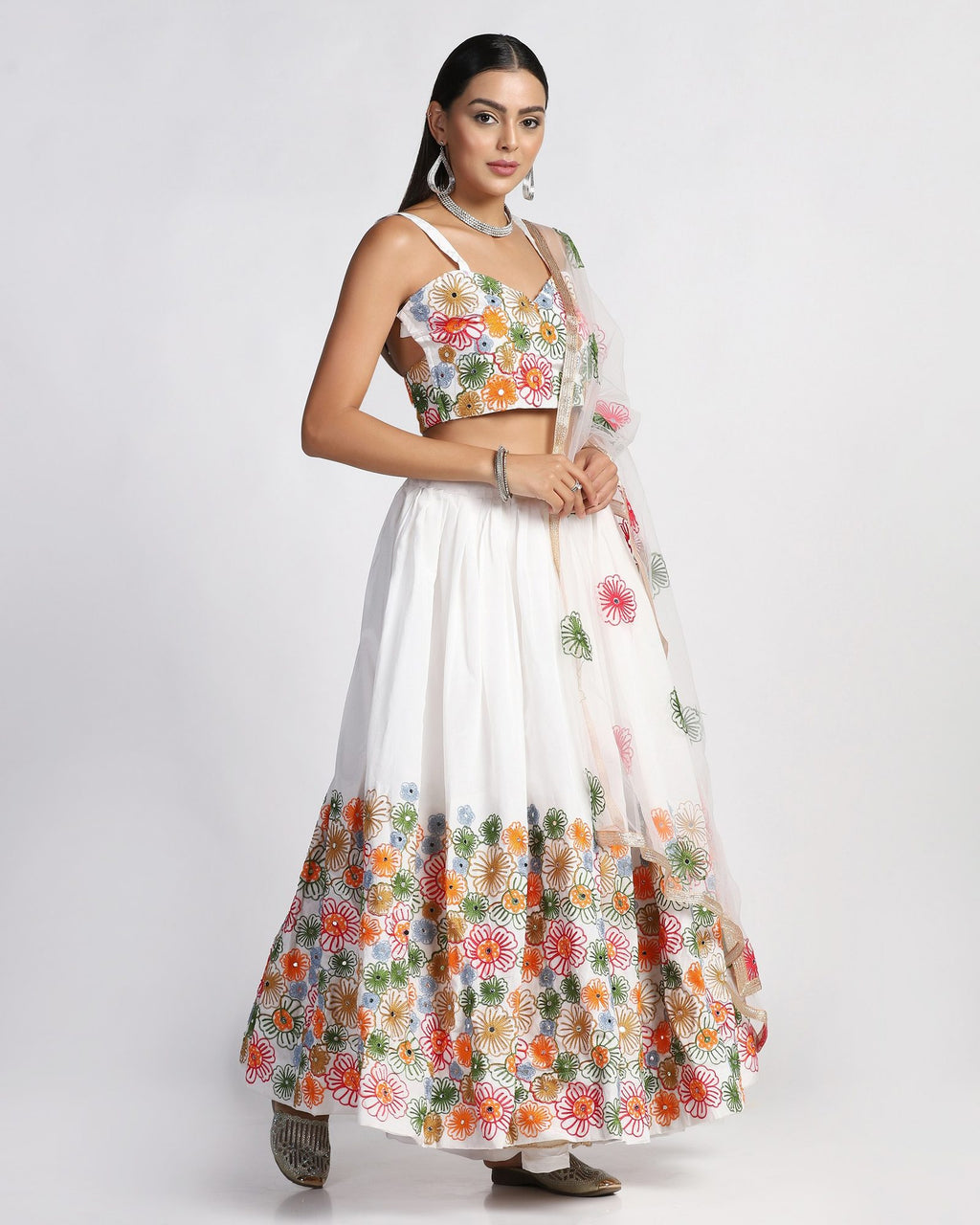 Off-White Festive & Wedding Wear Semi-Stitched Taffeta Silk Lehenga Choli with Multicolor Floral Thread Embroidery