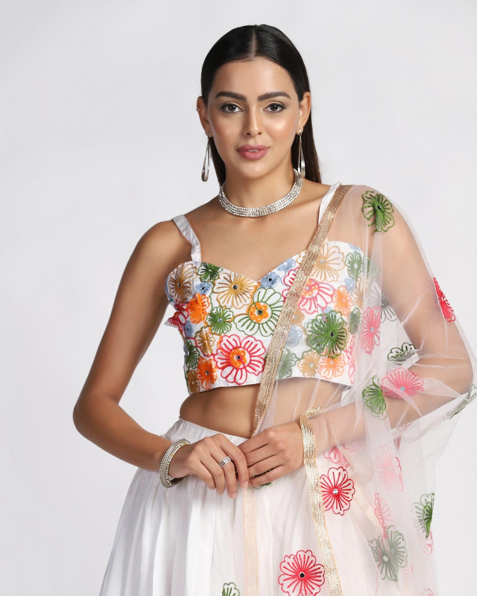 Off-White Festive & Wedding Wear Semi-Stitched Taffeta Silk Lehenga Choli with Multicolor Floral Thread Embroidery