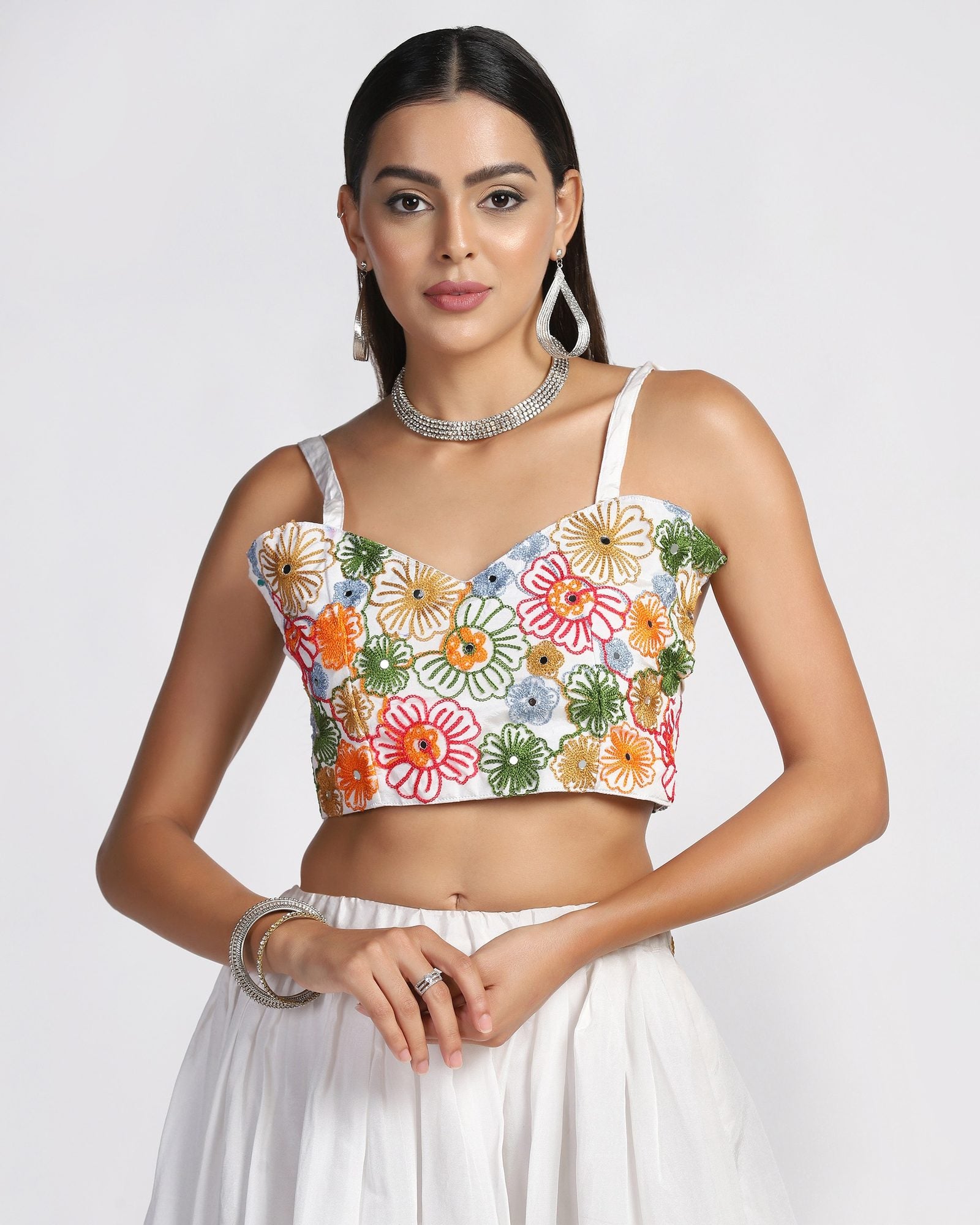 Off-White Festive & Wedding Wear Semi-Stitched Taffeta Silk Lehenga Choli with Multicolor Floral Thread Embroidery