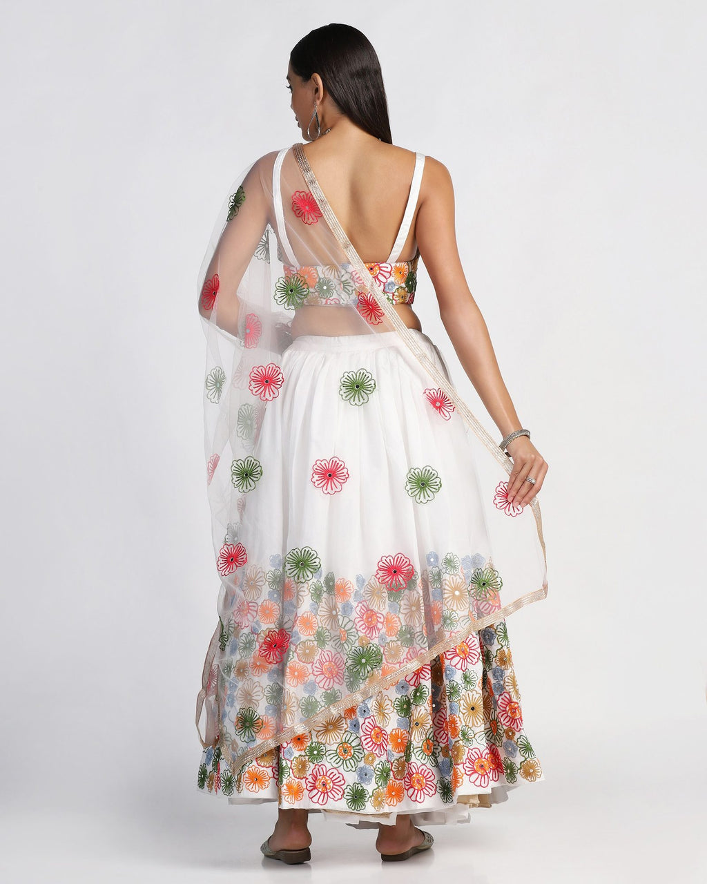 Off-White Festive & Wedding Wear Semi-Stitched Taffeta Silk Lehenga Choli with Multicolor Floral Thread Embroidery