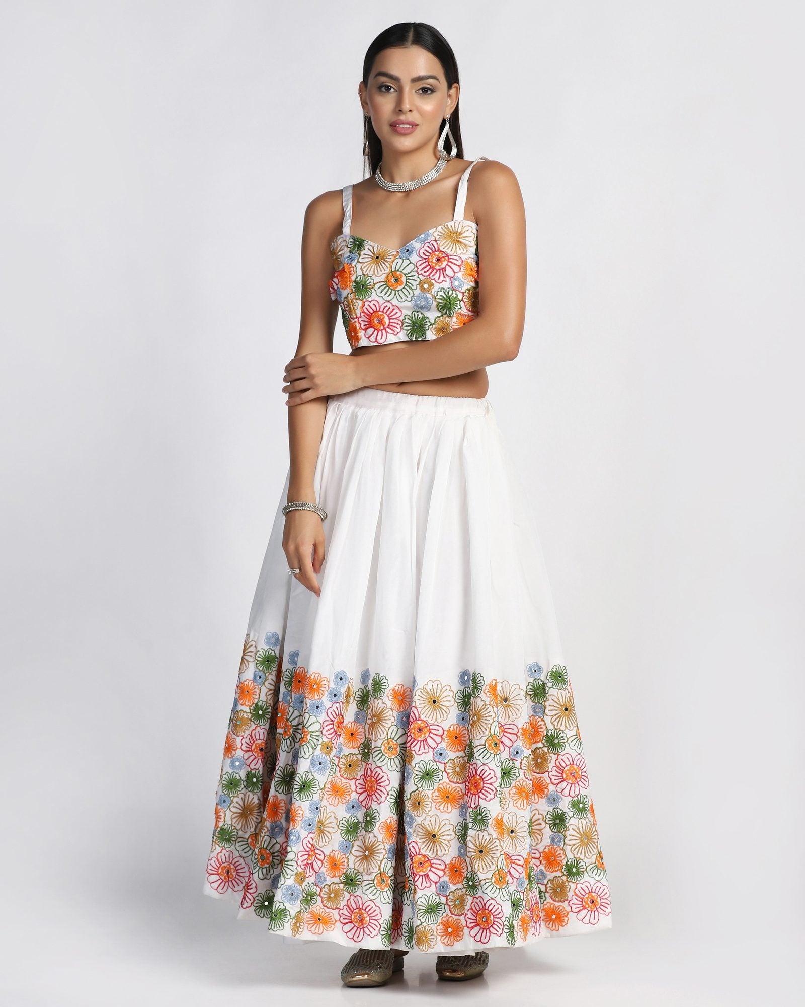 Off-White Festive & Wedding Wear Semi-Stitched Taffeta Silk Lehenga Choli with Multicolor Floral Thread Embroidery