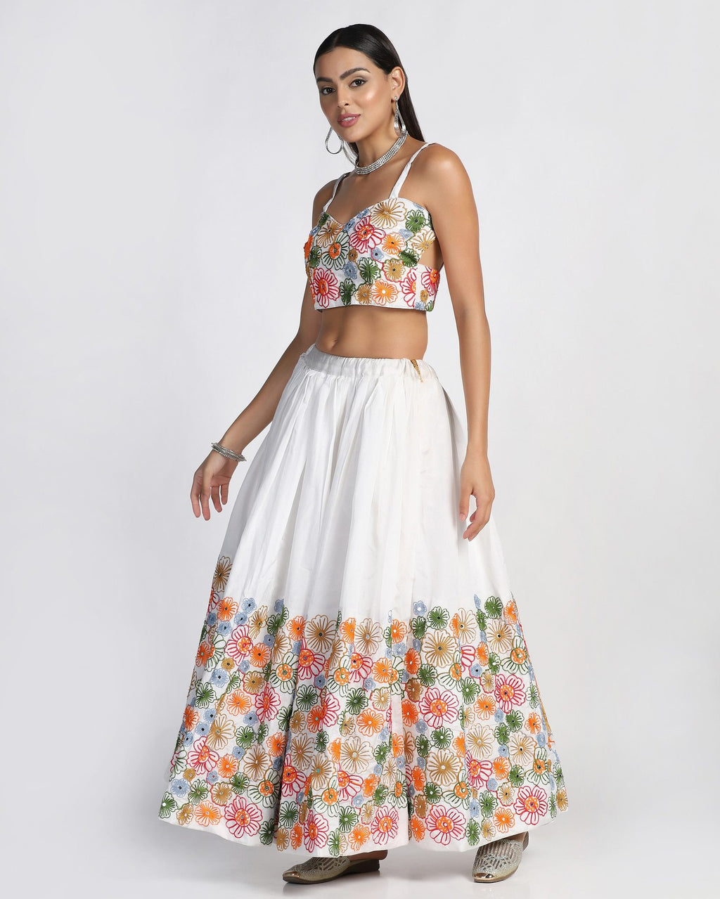 Off-White Festive & Wedding Wear Semi-Stitched Taffeta Silk Lehenga Choli with Multicolor Floral Thread Embroidery
