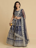 Royal Navy Blue & Antique Traditional Wedding Wear Semi-Stitched Georgette Lehenga Choli with Intricate Geometric Embroidery Work
