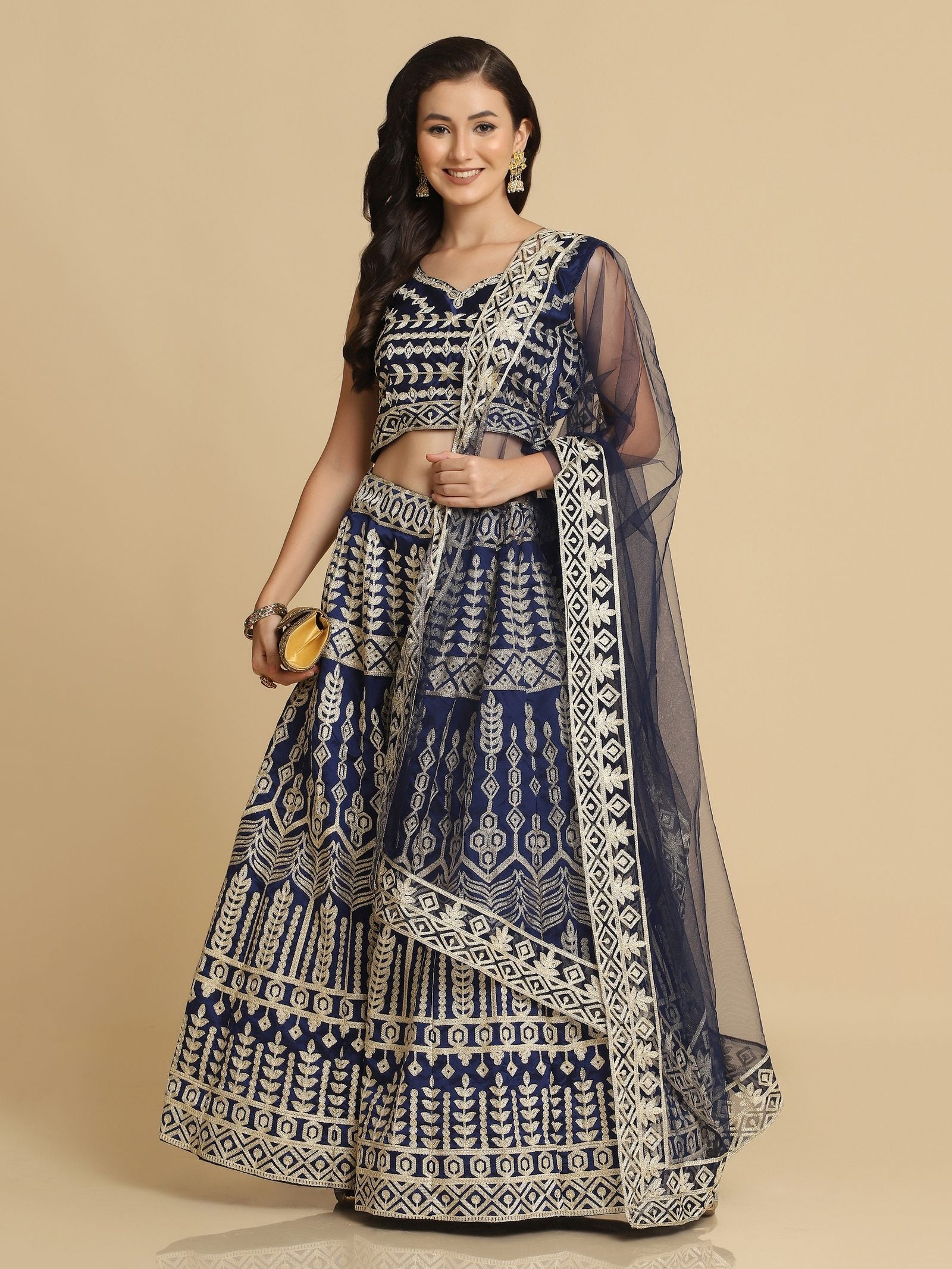 Royal Navy Blue & Antique Traditional Wedding Wear Semi-Stitched Georgette Lehenga Choli with Intricate Geometric Embroidery Work