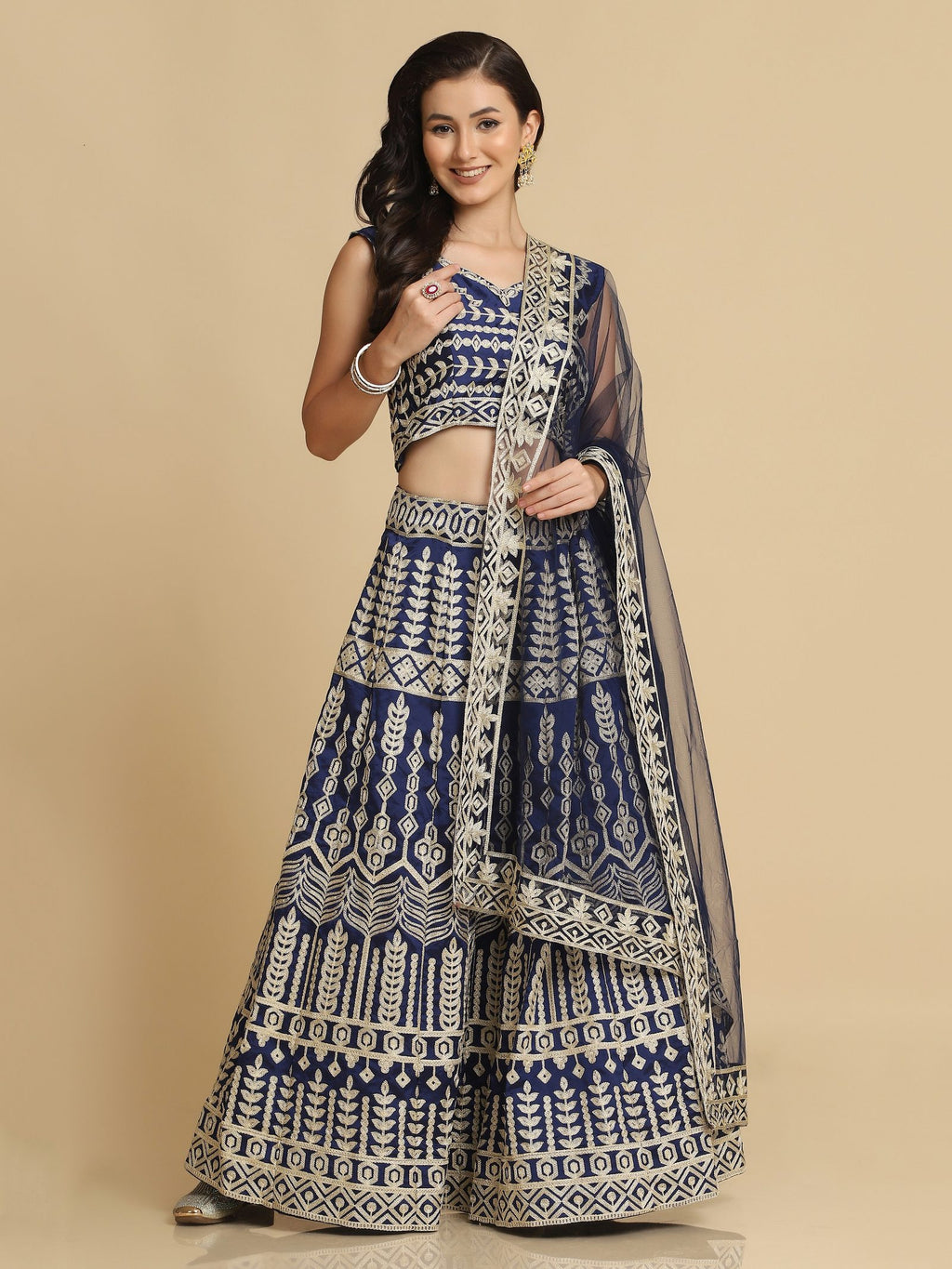 Royal Navy Blue & Antique Traditional Wedding Wear Semi-Stitched Georgette Lehenga Choli with Intricate Geometric Embroidery Work