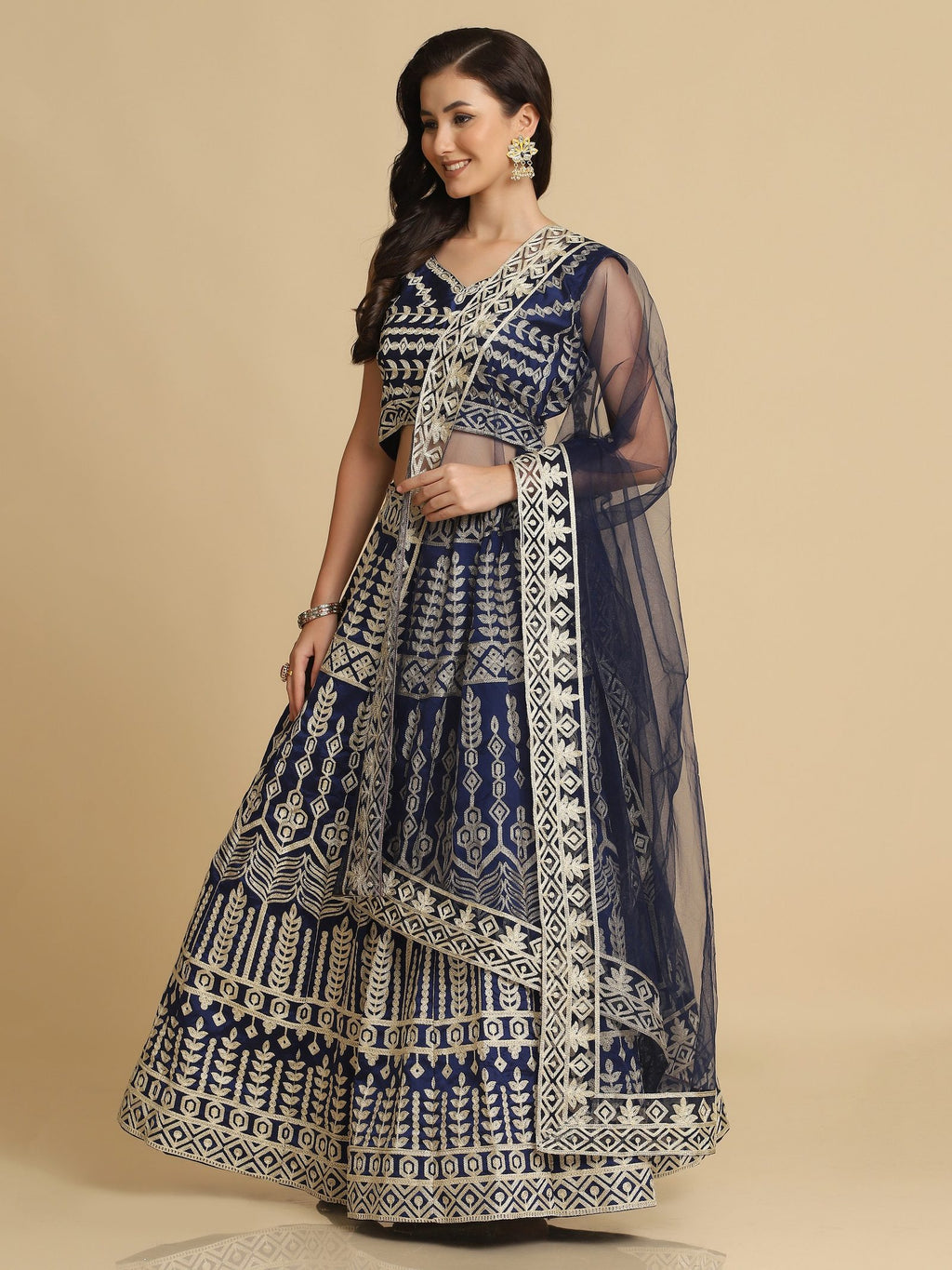 Royal Navy Blue & Antique Traditional Wedding Wear Semi-Stitched Georgette Lehenga Choli with Intricate Geometric Embroidery Work