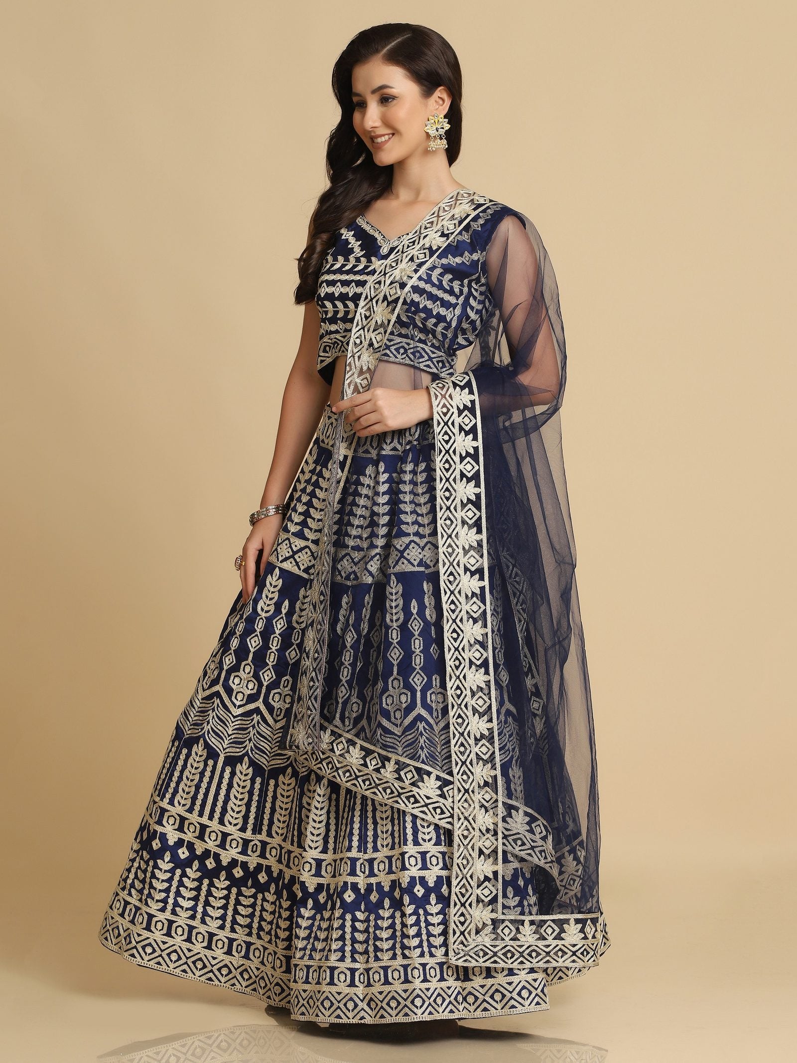 Royal Navy Blue & Antique Traditional Wedding Wear Semi-Stitched Georgette Lehenga Choli with Intricate Geometric Embroidery Work