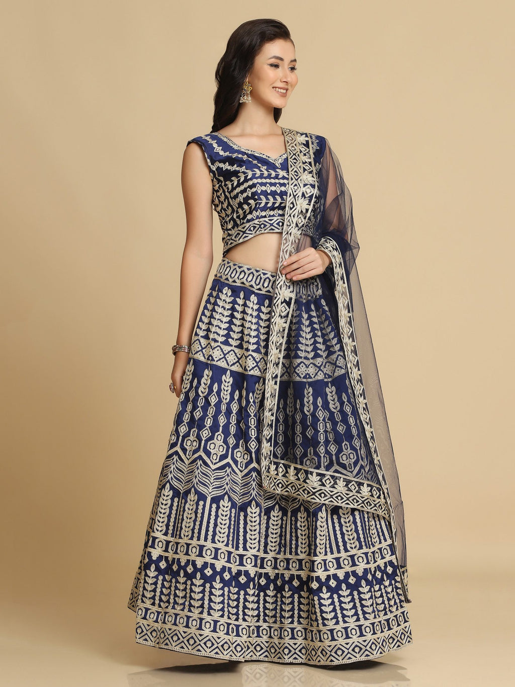 Royal Navy Blue & Antique Traditional Wedding Wear Semi-Stitched Georgette Lehenga Choli with Intricate Geometric Embroidery Work