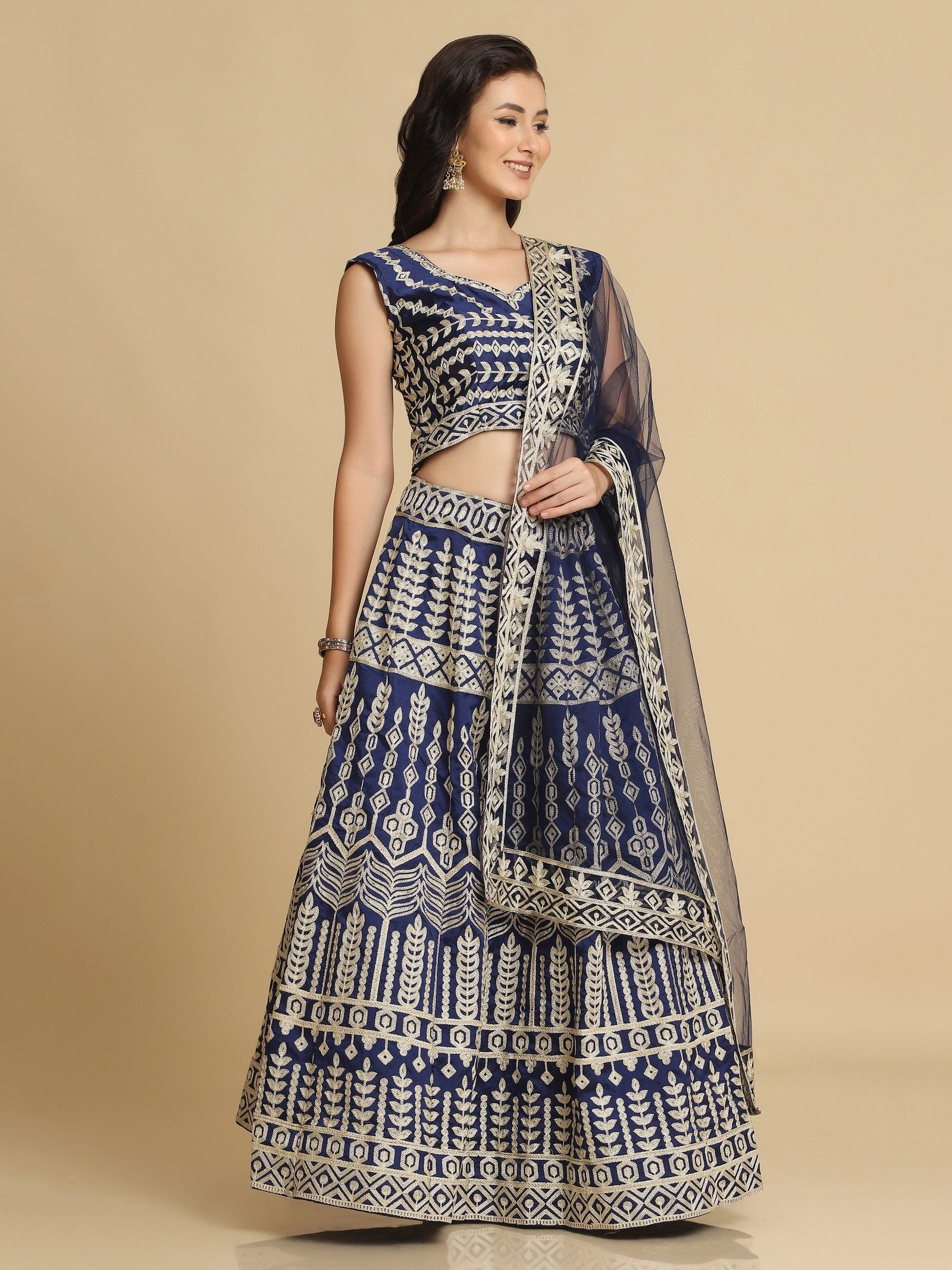 Royal Navy Blue & Antique Traditional Wedding Wear Semi-Stitched Georgette Lehenga Choli with Intricate Geometric Embroidery Work
