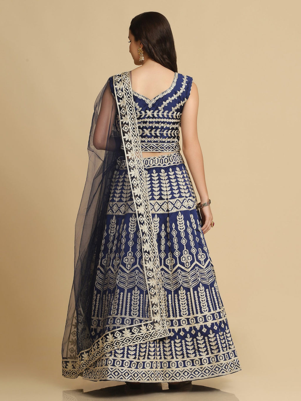 Royal Navy Blue & Antique Traditional Wedding Wear Semi-Stitched Georgette Lehenga Choli with Intricate Geometric Embroidery Work