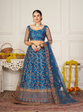 Elegant Teal Blue Floral Embroidered Festive & Wedding Wear Semi-Stitched Net Lehenga Choli with Designer Border & Sleeve Work