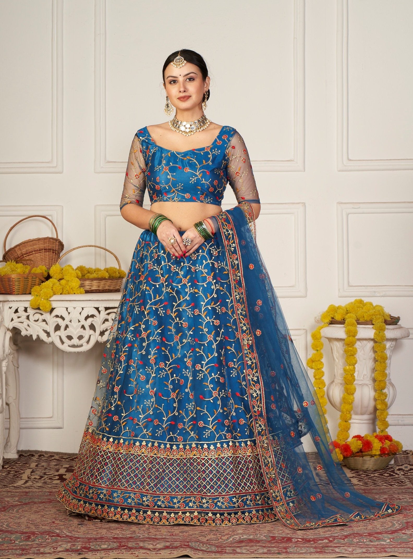 Elegant Teal Blue Floral Embroidered Festive & Wedding Wear Semi-Stitched Net Lehenga Choli with Designer Border & Sleeve Work