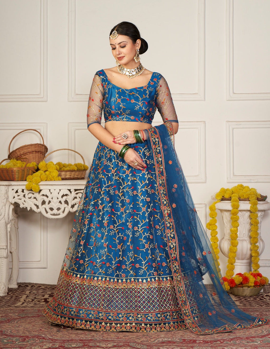 Elegant Teal Blue Floral Embroidered Festive & Wedding Wear Semi-Stitched Net Lehenga Choli with Designer Border & Sleeve Work