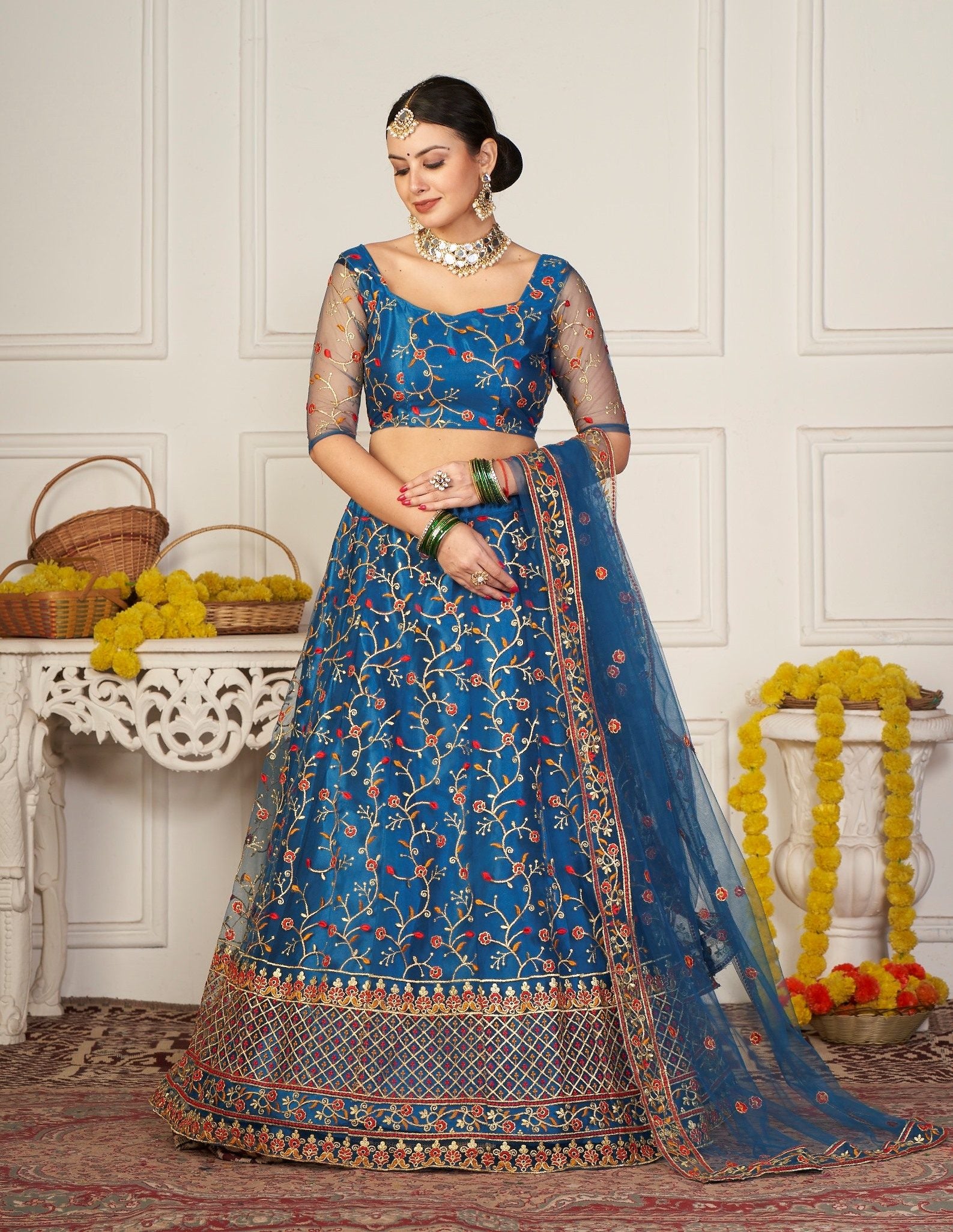 Elegant Teal Blue Floral Embroidered Festive & Wedding Wear Semi-Stitched Net Lehenga Choli with Designer Border & Sleeve Work
