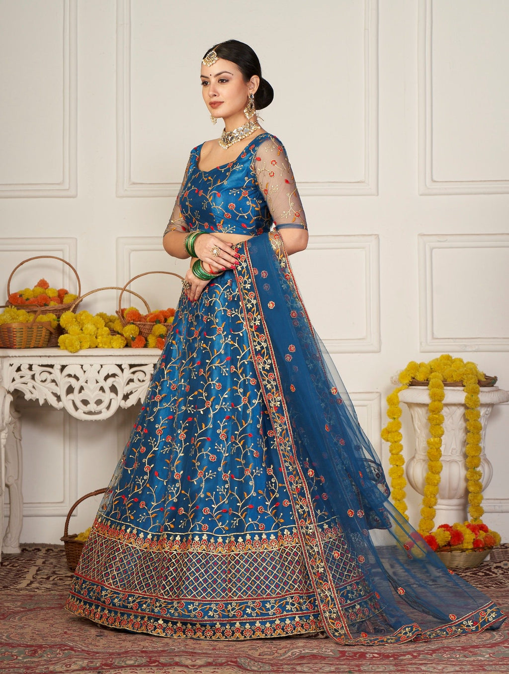 Elegant Teal Blue Floral Embroidered Festive & Wedding Wear Semi-Stitched Net Lehenga Choli with Designer Border & Sleeve Work
