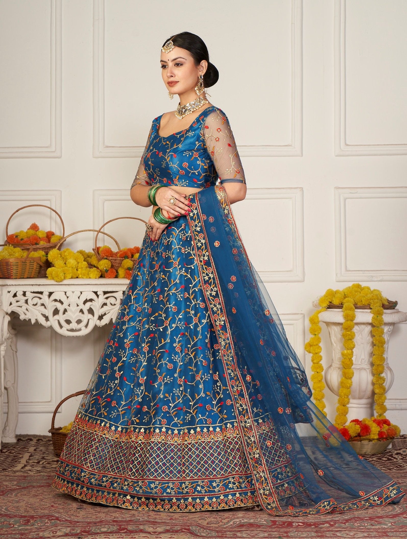 Elegant Teal Blue Floral Embroidered Festive & Wedding Wear Semi-Stitched Net Lehenga Choli with Designer Border & Sleeve Work