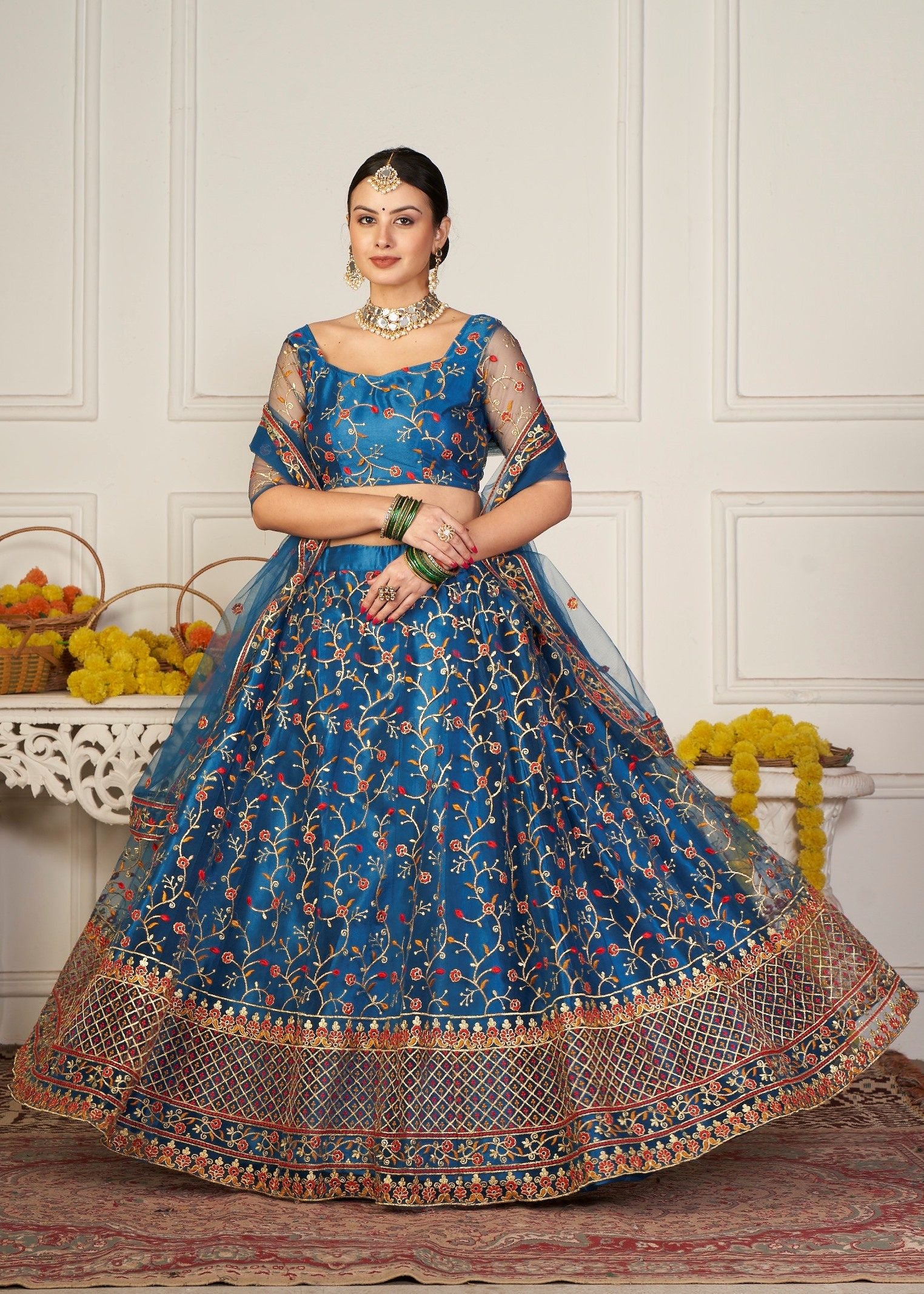 Elegant Teal Blue Floral Embroidered Festive & Wedding Wear Semi-Stitched Net Lehenga Choli with Designer Border & Sleeve Work