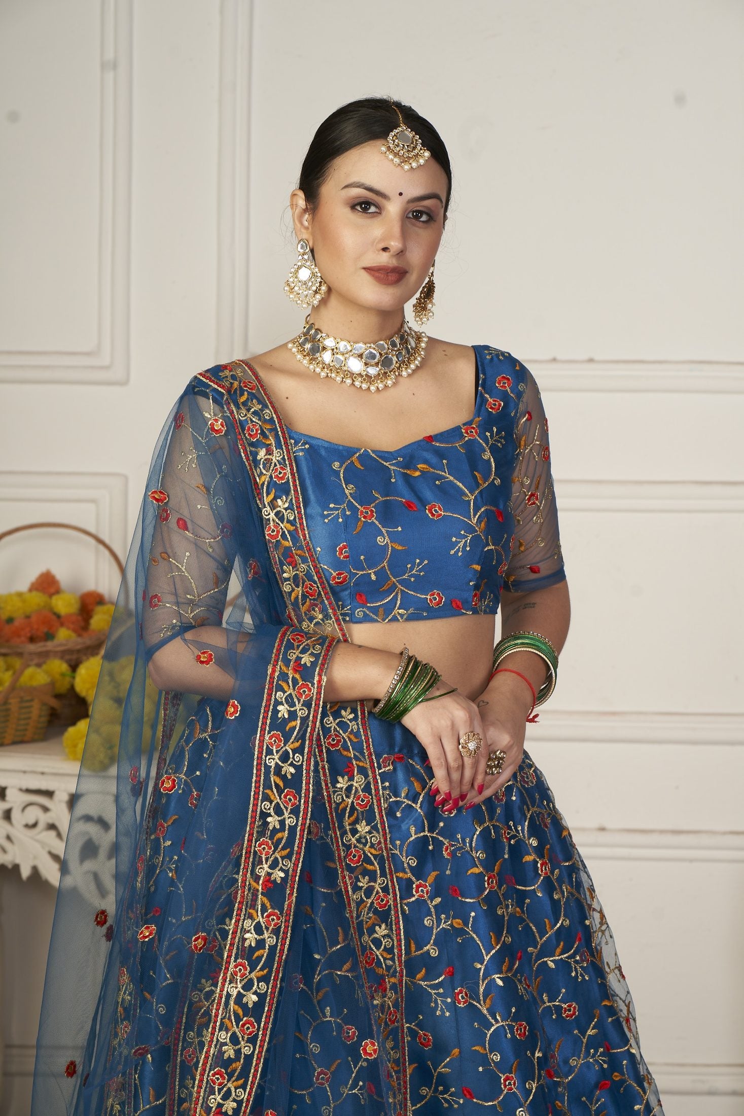 Elegant Teal Blue Floral Embroidered Festive & Wedding Wear Semi-Stitched Net Lehenga Choli with Designer Border & Sleeve Work
