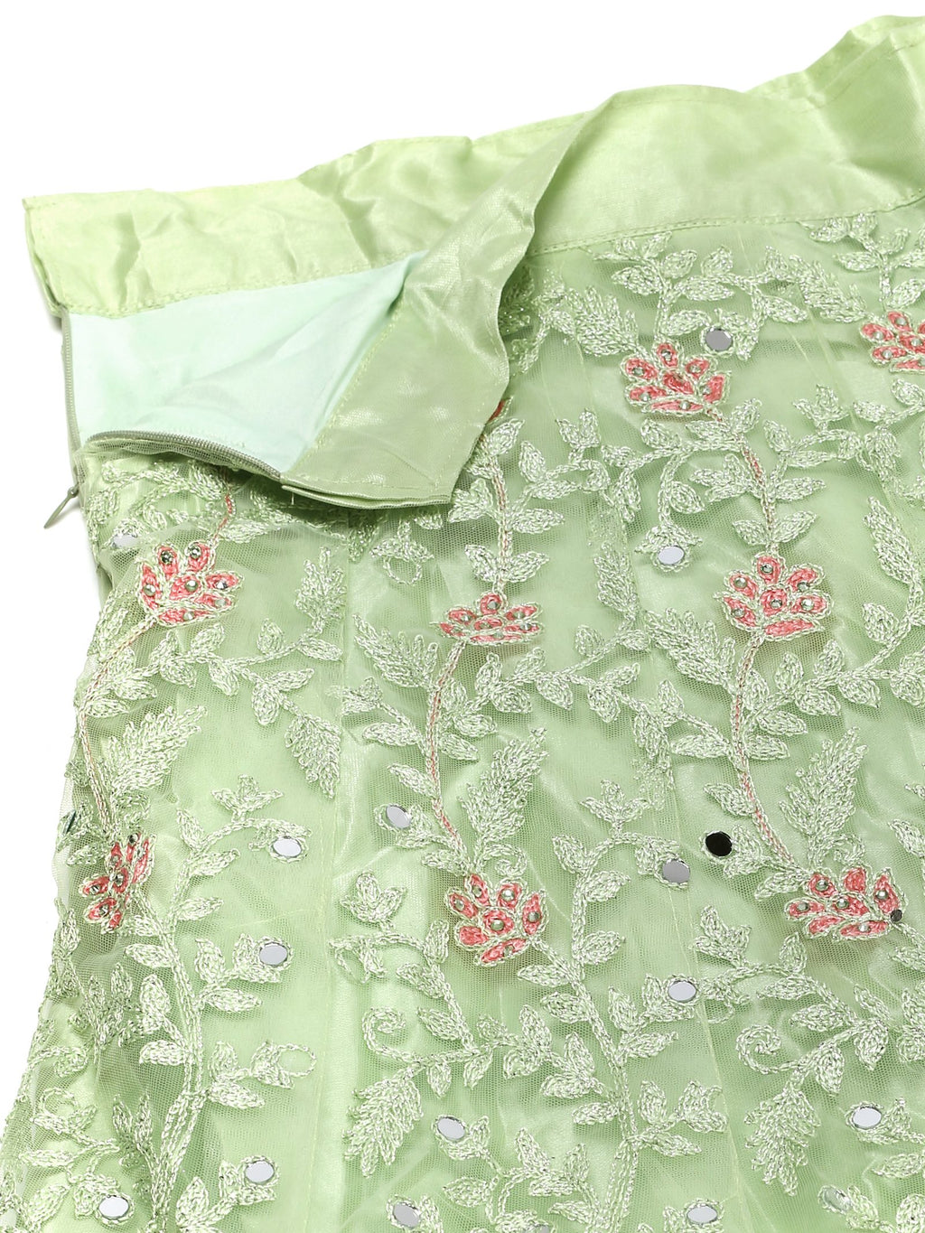 Elegant Mint Green Festive & Wedding Wear Semi-Stitched Net Lehenga Choli with Delicate Floral Butti Pattern Mirrer Thread Work