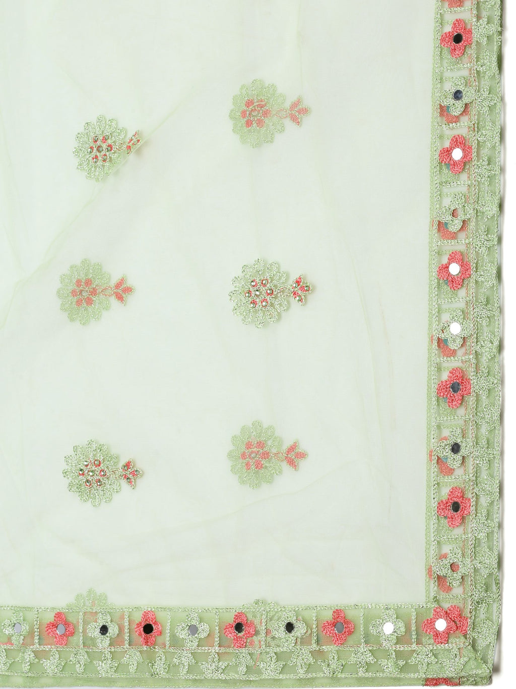 Elegant Mint Green Festive & Wedding Wear Semi-Stitched Net Lehenga Choli with Delicate Floral Butti Pattern Mirrer Thread Work