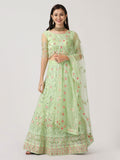 Elegant Mint Green Festive & Wedding Wear Semi-Stitched Net Lehenga Choli with Delicate Floral Butti Pattern Mirrer Thread Work